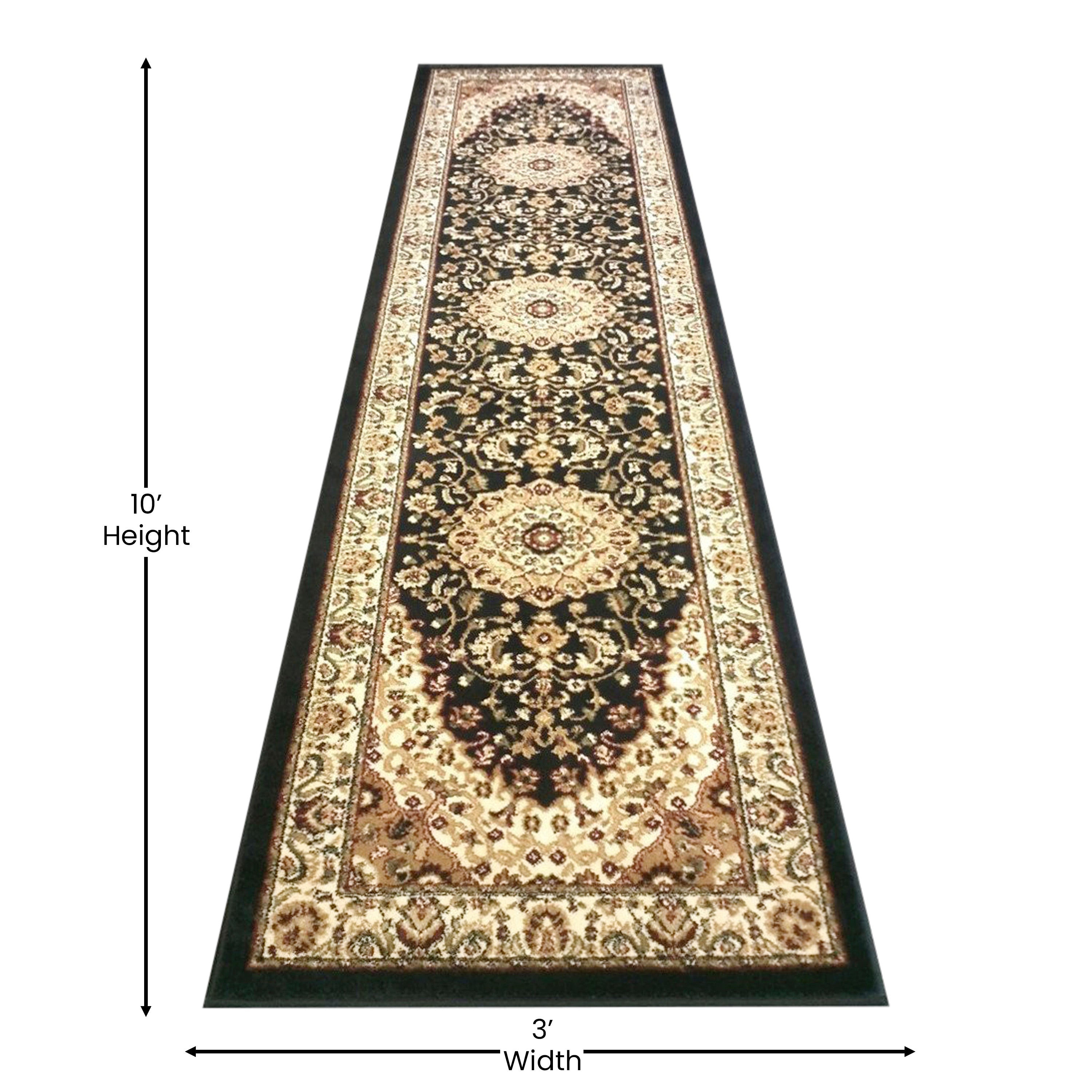 Mersin Collection Persian Style 3' x 10' Black Area Rug - Olefin Rug with Jute Backing - Hallway, Entryway, Bedroom, Living Room