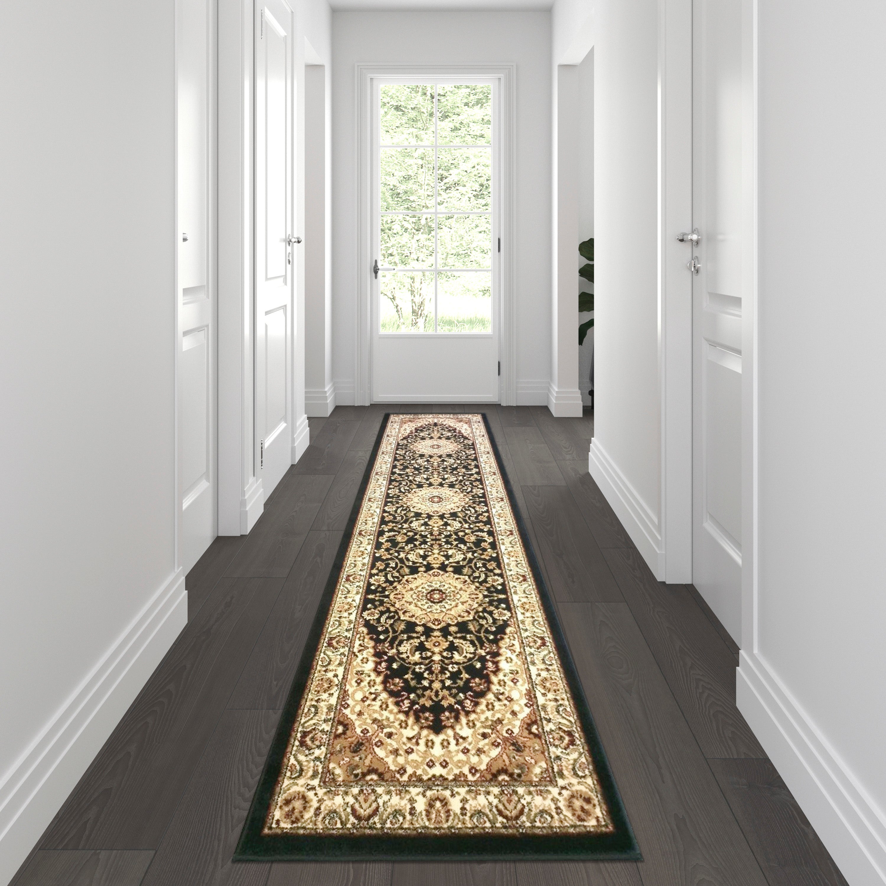Mersin Collection Persian Style 3' x 10' Black Area Rug - Olefin Rug with Jute Backing - Hallway, Entryway, Bedroom, Living Room