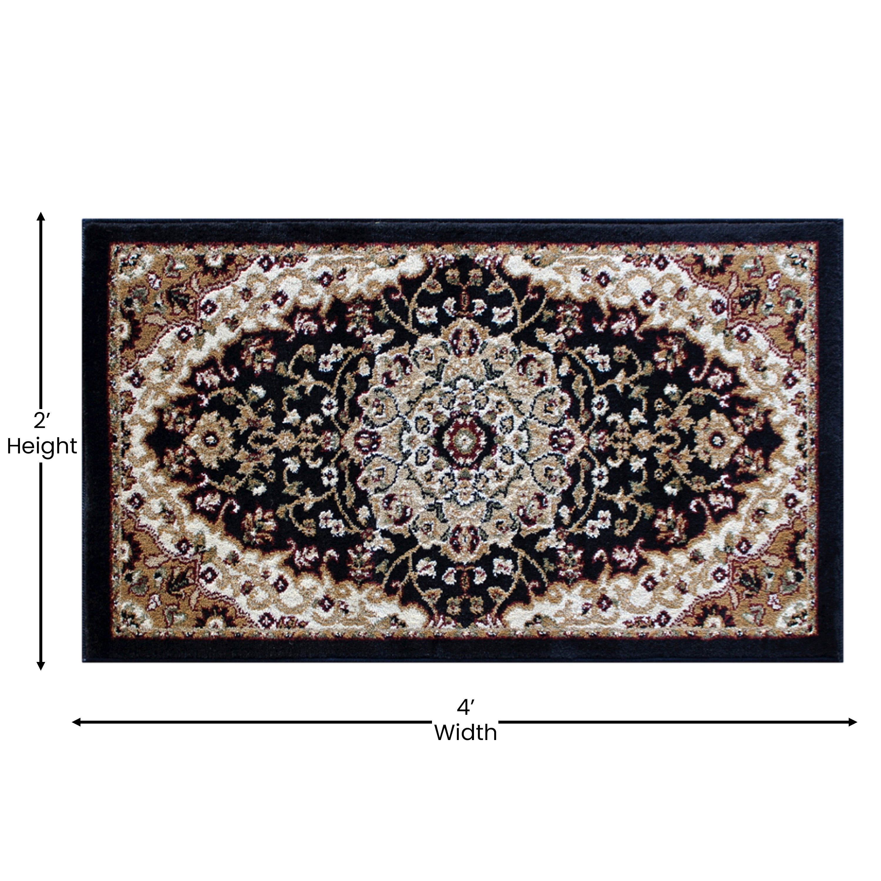 Mersin Collection Persian Style 2' x 3' Black Area Rug - Olefin Rug with Jute Backing - Hallway, Entryway, Bedroom, Living Room