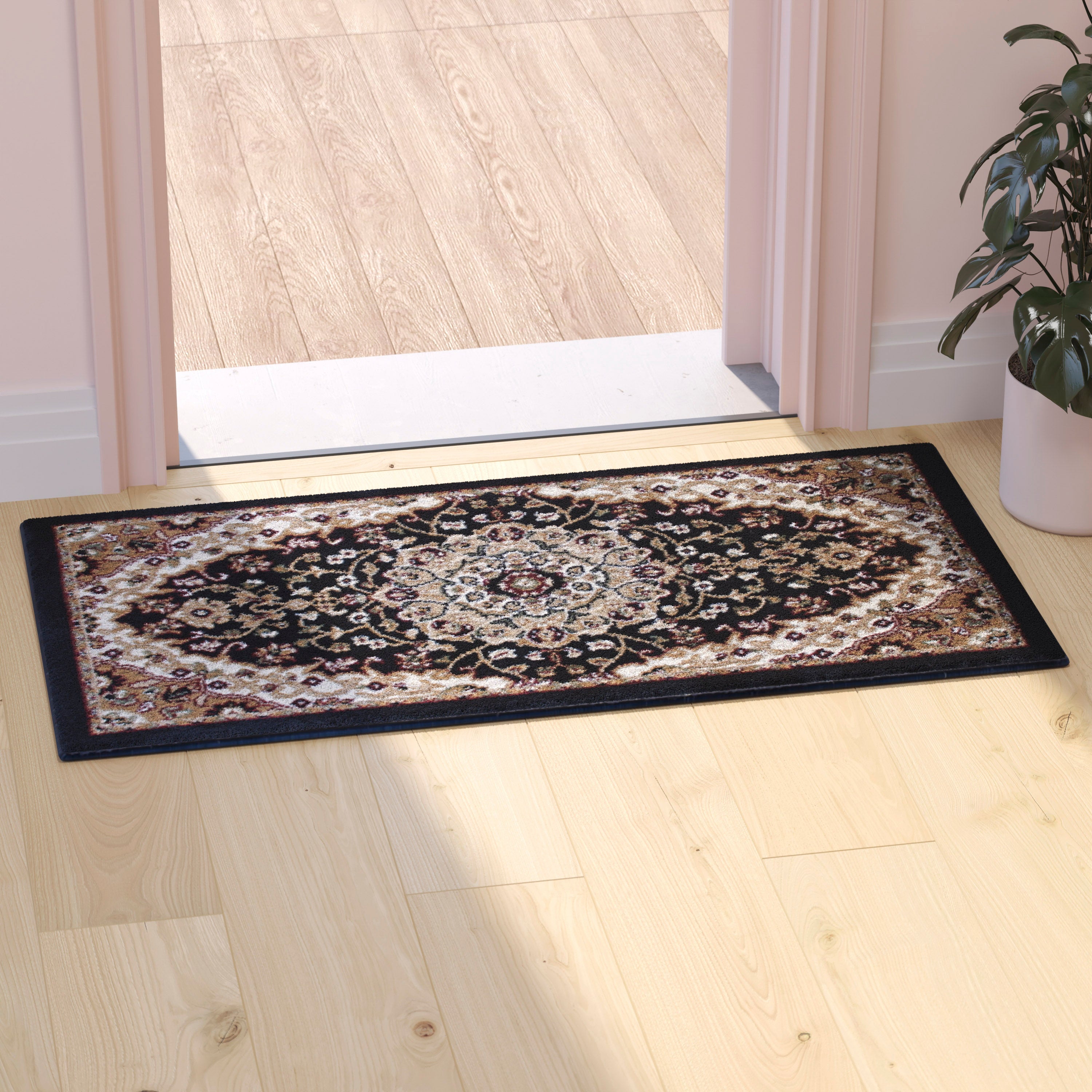 Mersin Collection Persian Style 2' x 3' Black Area Rug - Olefin Rug with Jute Backing - Hallway, Entryway, Bedroom, Living Room