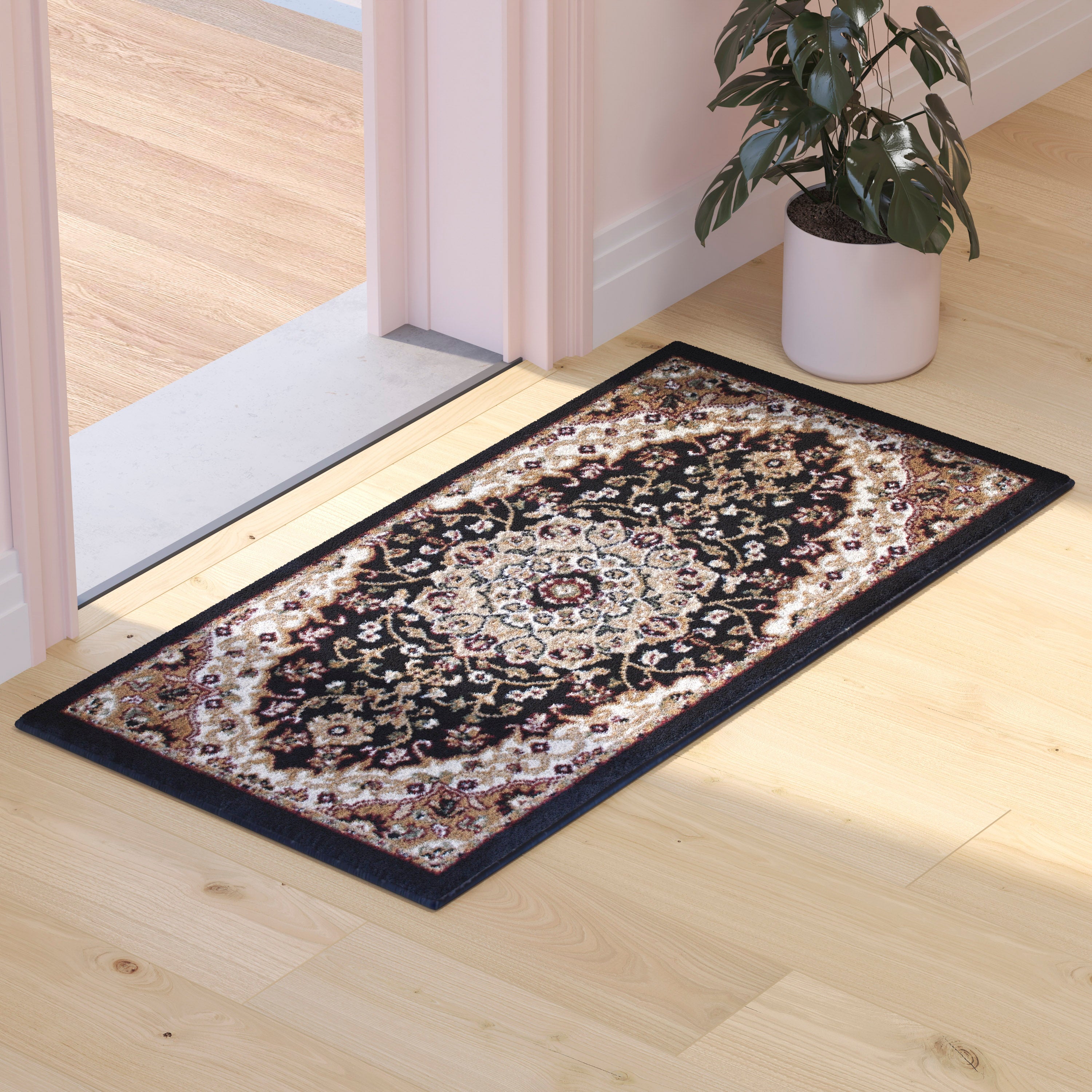 Mersin Collection Persian Style 2' x 3' Black Area Rug - Olefin Rug with Jute Backing - Hallway, Entryway, Bedroom, Living Room