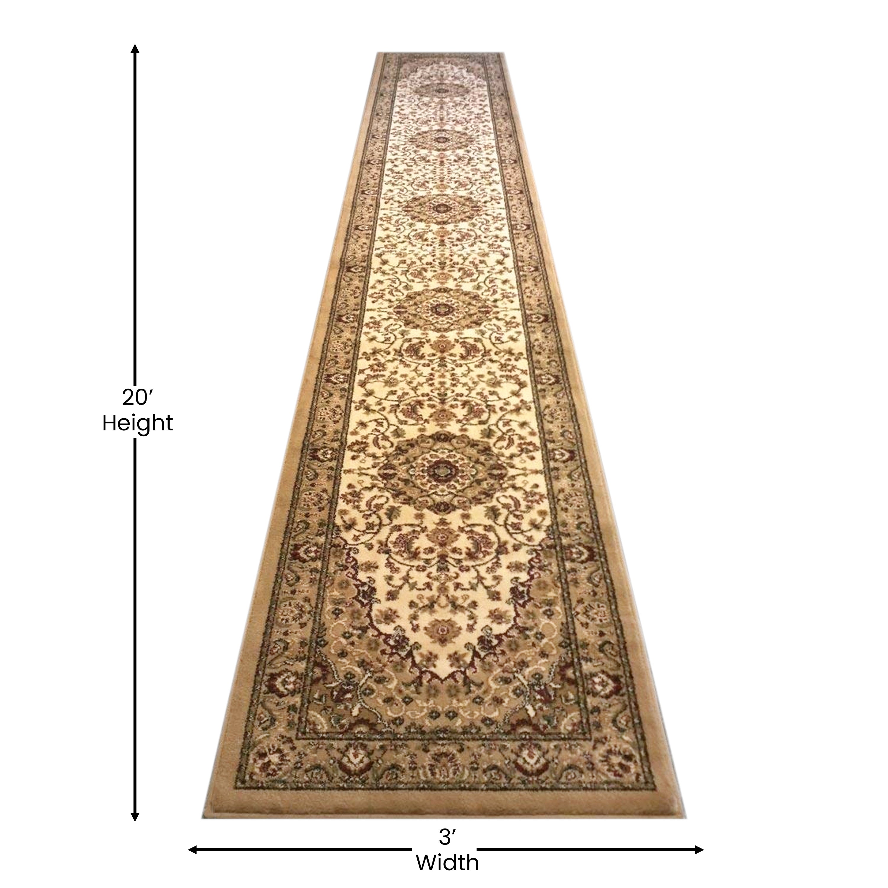 Mersin Collection Persian Style 3' x 20' Ivory Area Rug - Olefin Rug with Jute Backing - Hallway, Entryway, Bedroom, Living Room