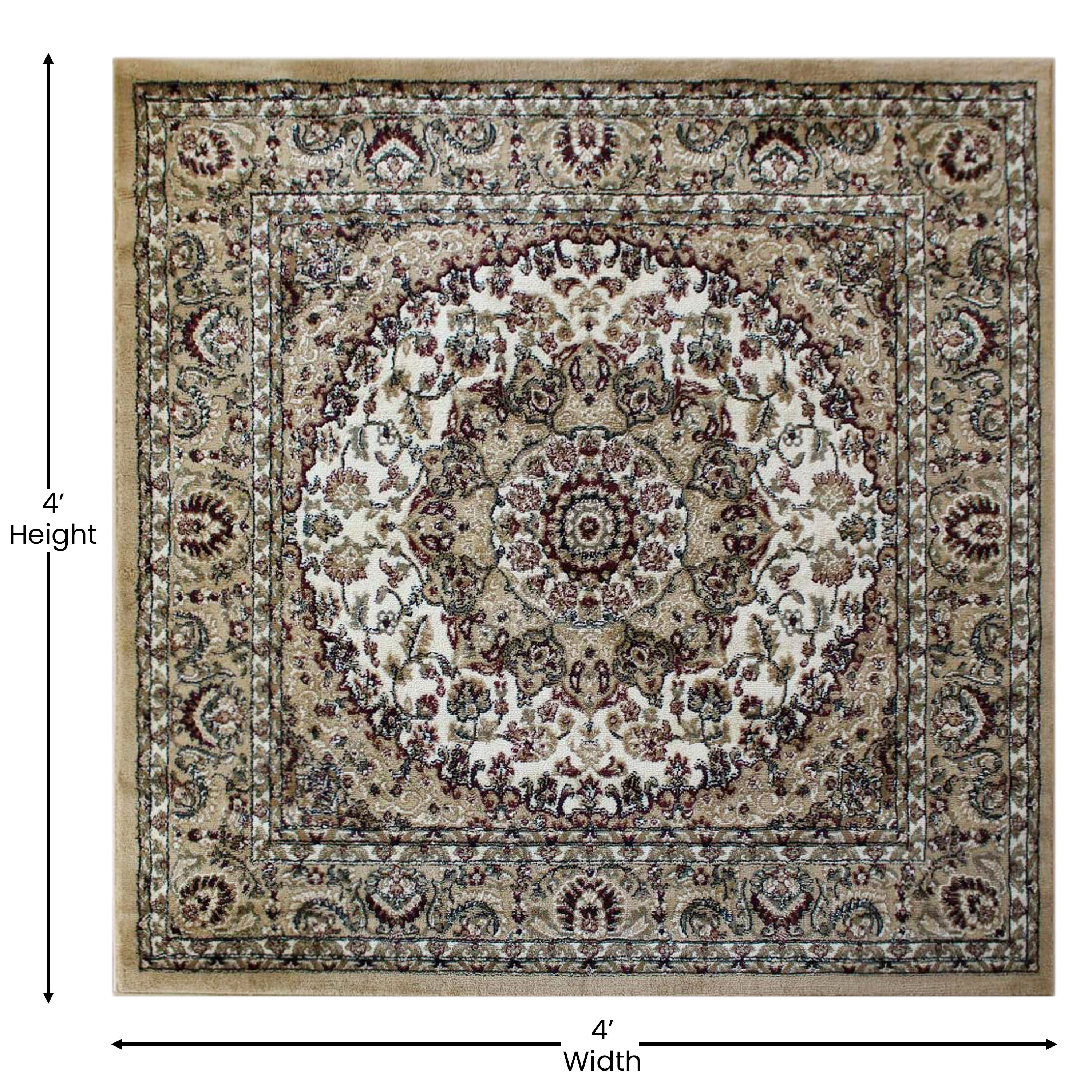 Mersin Collection Persian Style 4x4 Ivory Square Area Rug-Olefin Rug with Jute Backing-Hallway, Entryway, Bedroom, Living Room