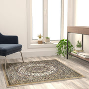 Mersin Collection Persian Style 4x4 Ivory Square Area Rug-Olefin Rug with Jute Backing-Hallway, Entryway, Bedroom, Living Room