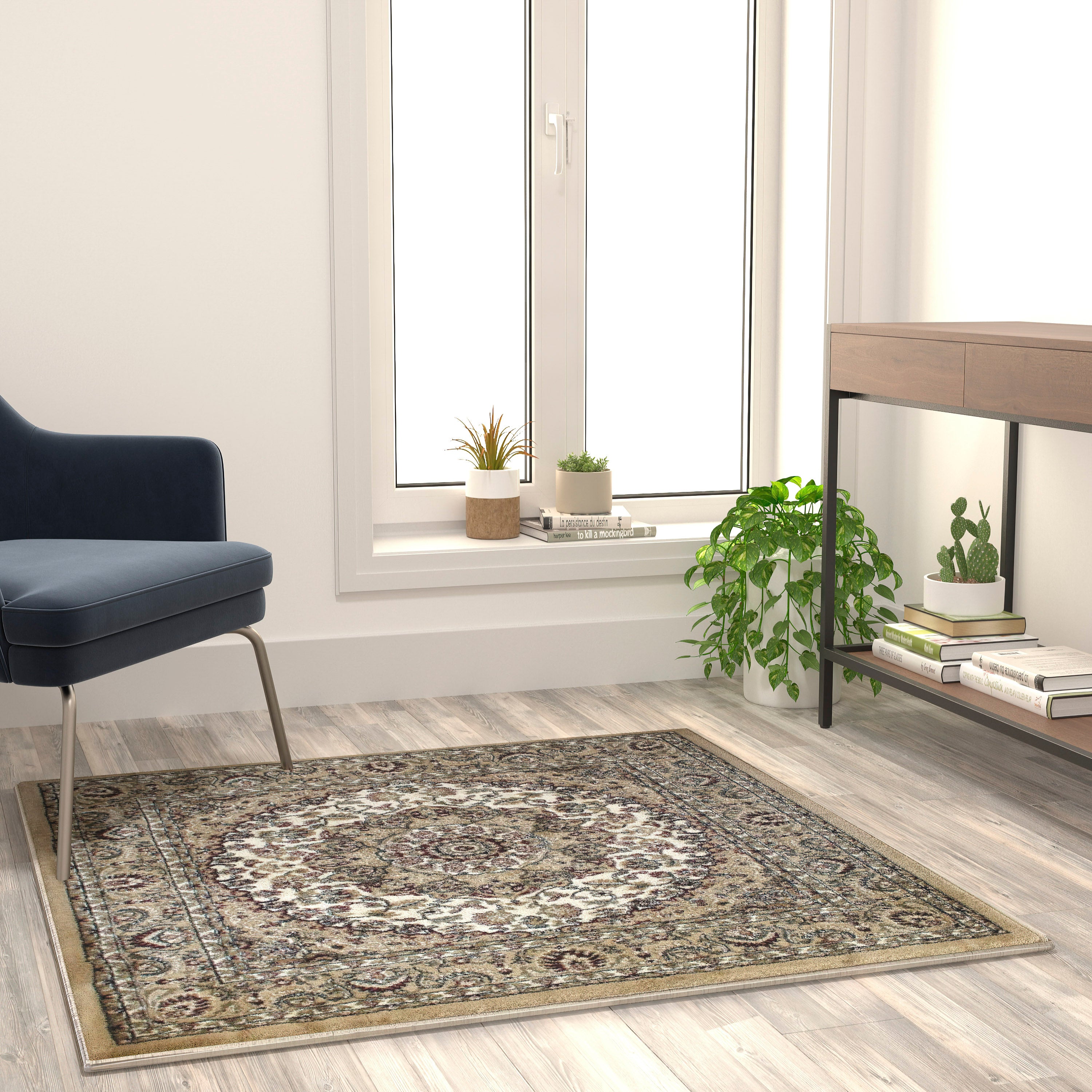 Mersin Collection Persian Style 4x4 Ivory Square Area Rug-Olefin Rug with Jute Backing-Hallway, Entryway, Bedroom, Living Room