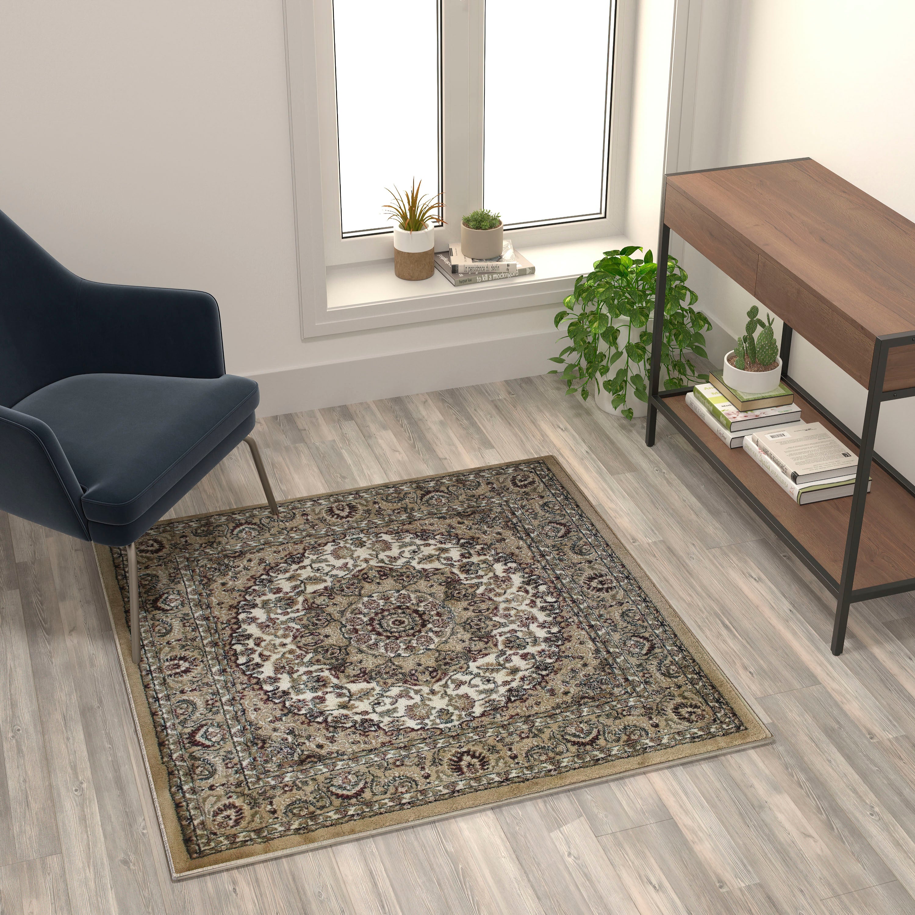Mersin Collection Persian Style 4x4 Ivory Square Area Rug-Olefin Rug with Jute Backing-Hallway, Entryway, Bedroom, Living Room