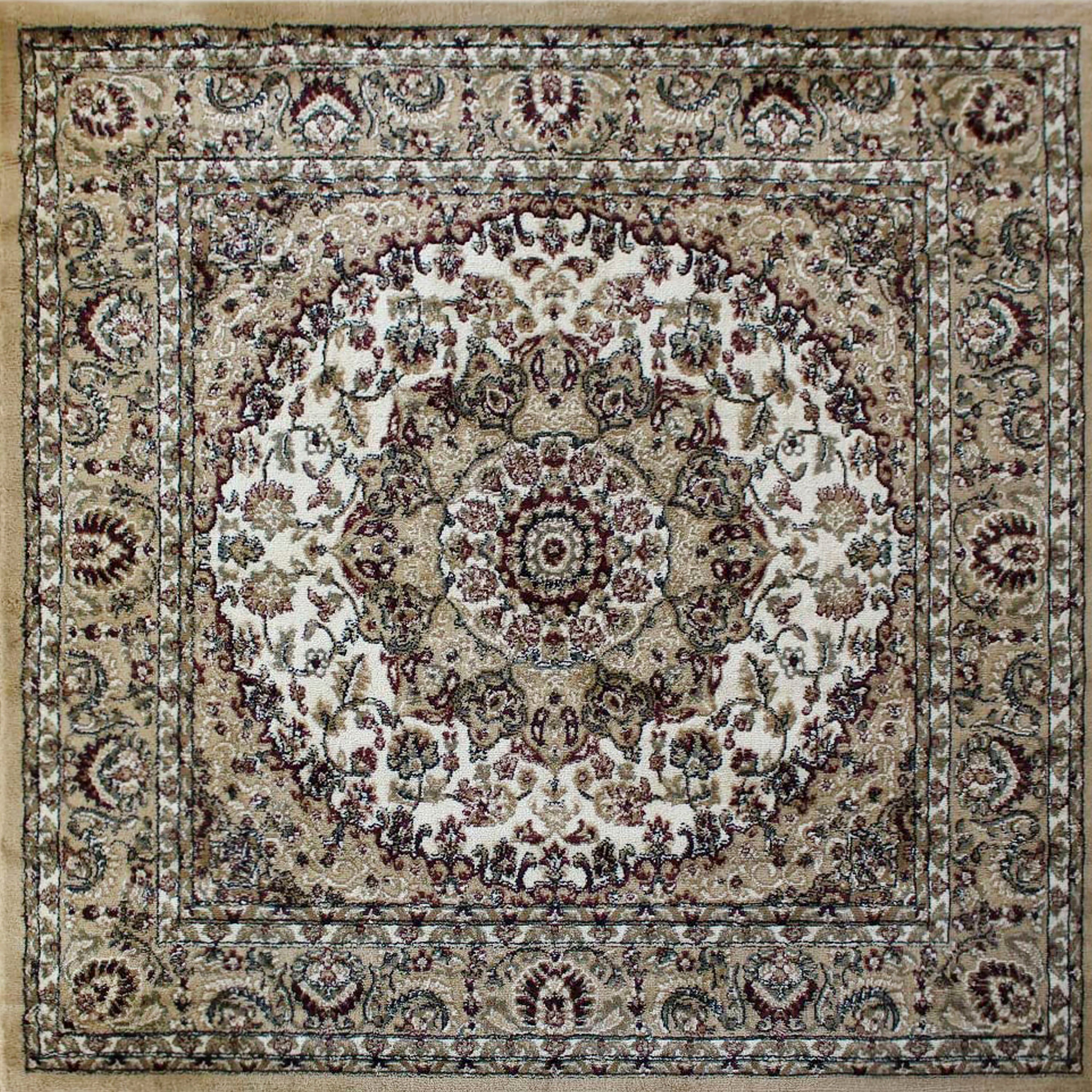 Mersin Collection Persian Style 4x4 Ivory Square Area Rug-Olefin Rug with Jute Backing-Hallway, Entryway, Bedroom, Living Room