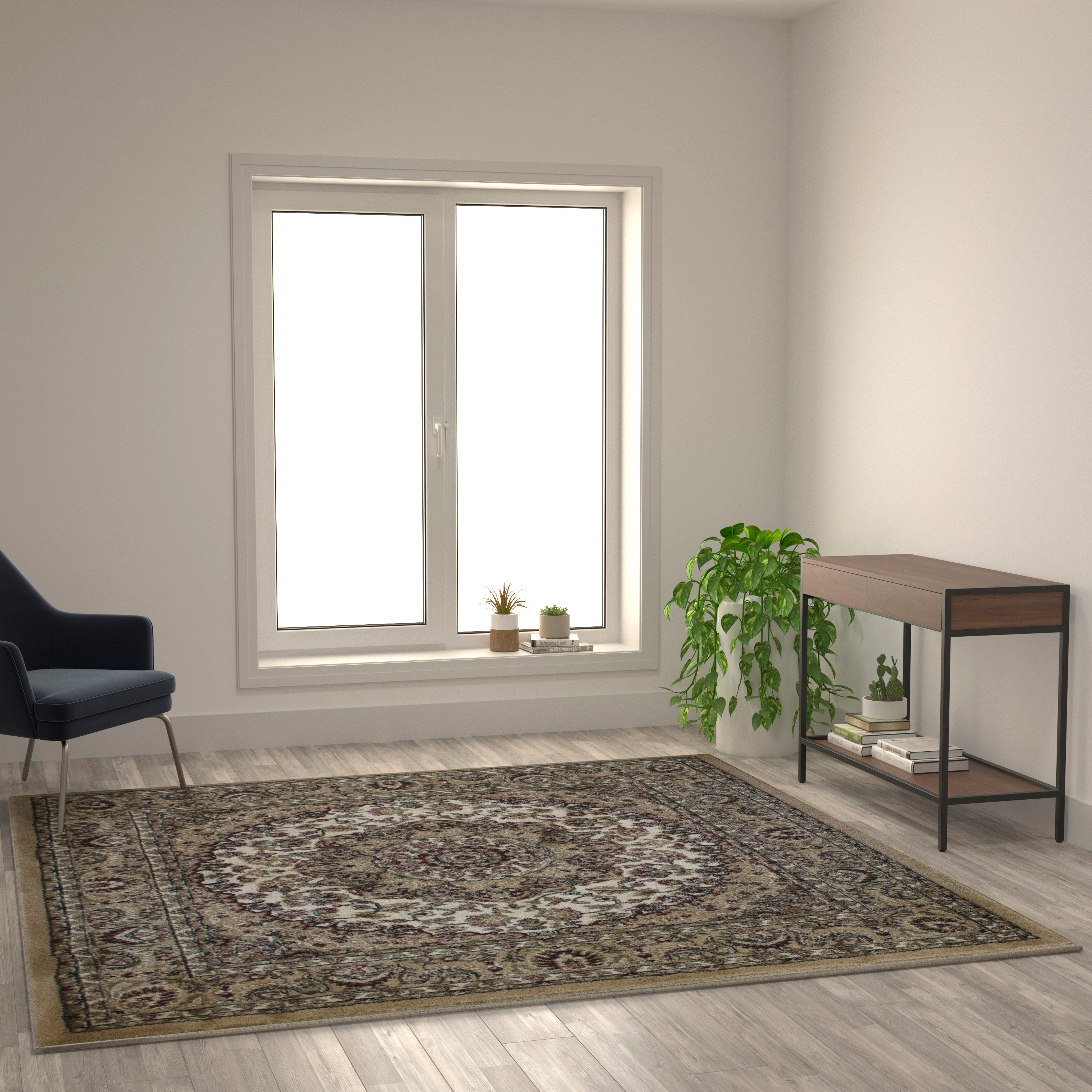 Mersin Collection Persian Style 7x7 Ivory Square Area Rug-Olefin Rug with Jute Backing-Hallway, Entryway, Bedroom, Living Room
