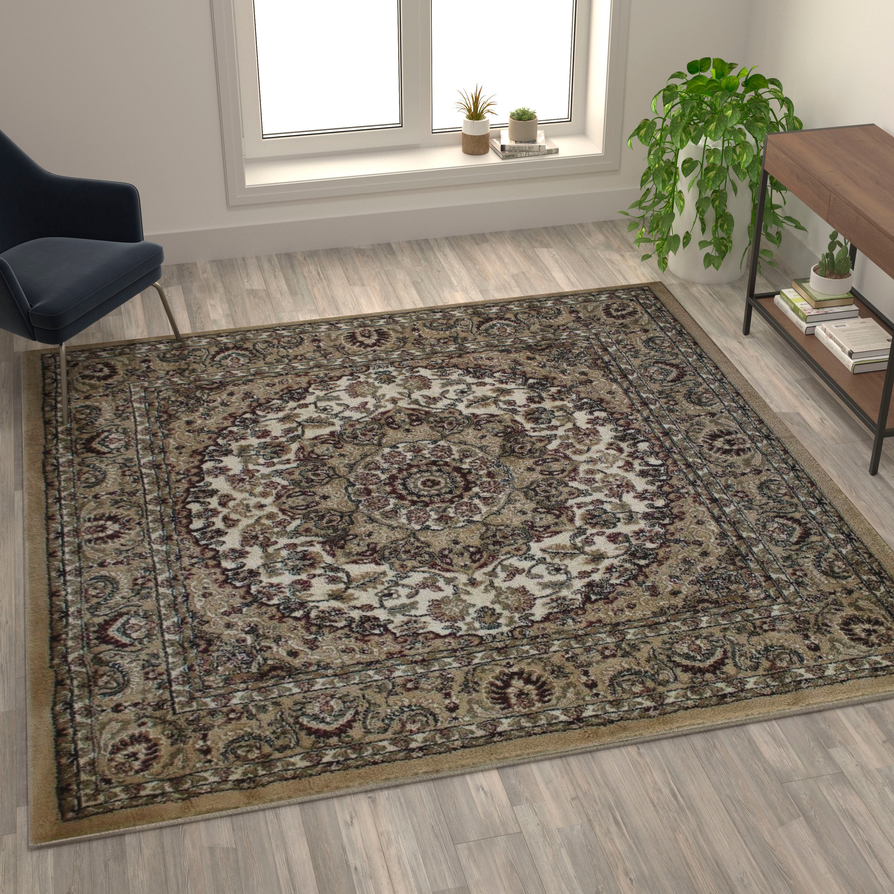 Mersin Collection Persian Style 7x7 Ivory Square Area Rug-Olefin Rug with Jute Backing-Hallway, Entryway, Bedroom, Living Room