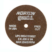 Small Diameter Cut-Off Blades Type 1 Metal - Gemini Aluminum Oxide, Size: 3 x .035 x 1/4, RPM: 25465, Packaging Qty: 25 per box
