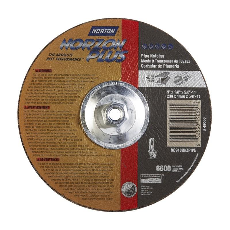 Norton 'NORZON' Depressed Center Wheel 9" x 1/8" x 5/8" - 11 T-27 PIPE Notching Grinding Disc, 1 each / 10 per case