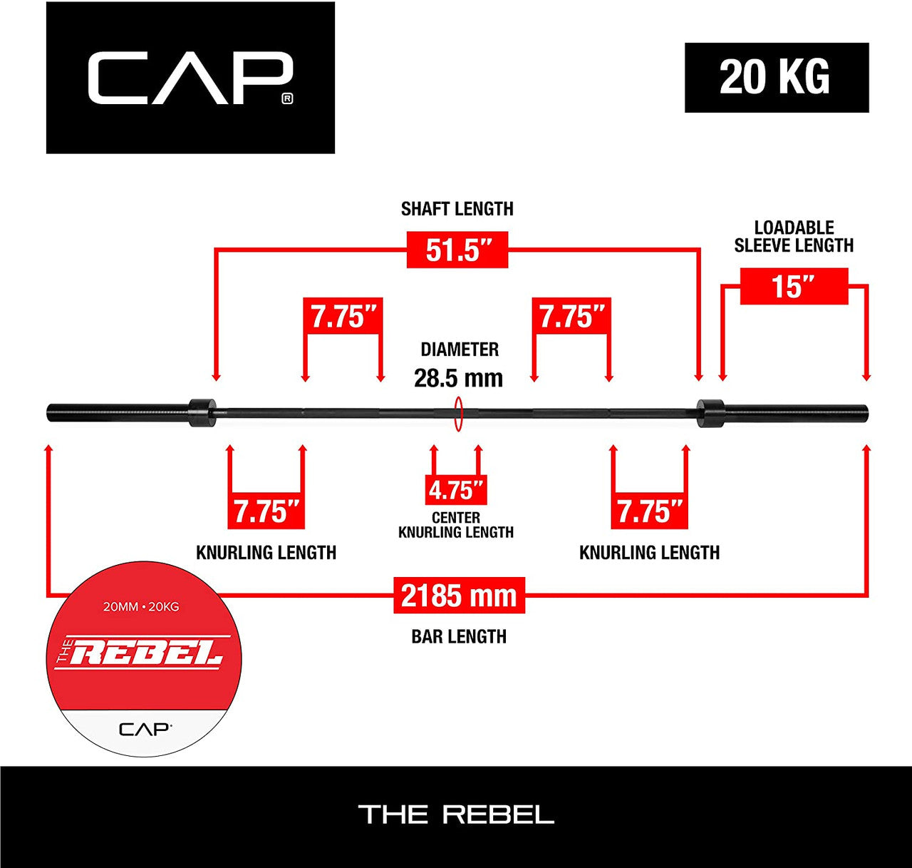 CAP 2" Heavy Duty 84" Power Squat Bar; Central Knurling