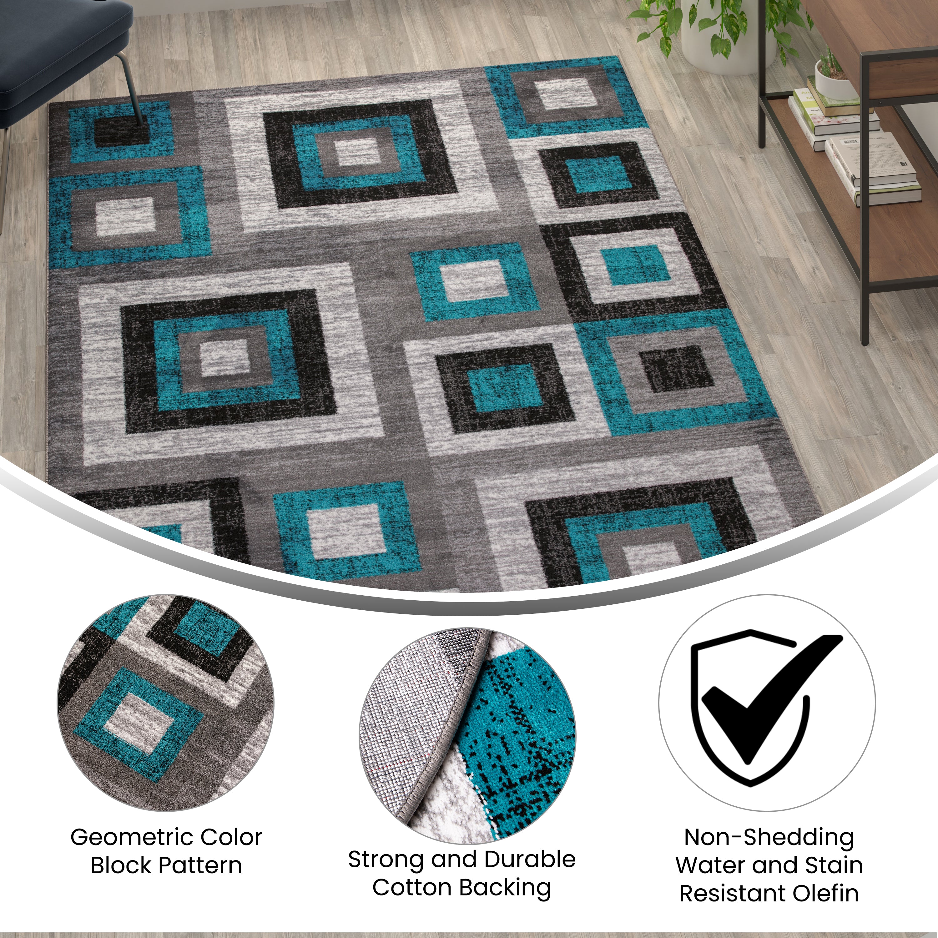 Gideon Collection Geometric 6' x 9' Turquoise, Grey, and White Olefin Area Rug with Cotton Backing, Living Room, Bedroom