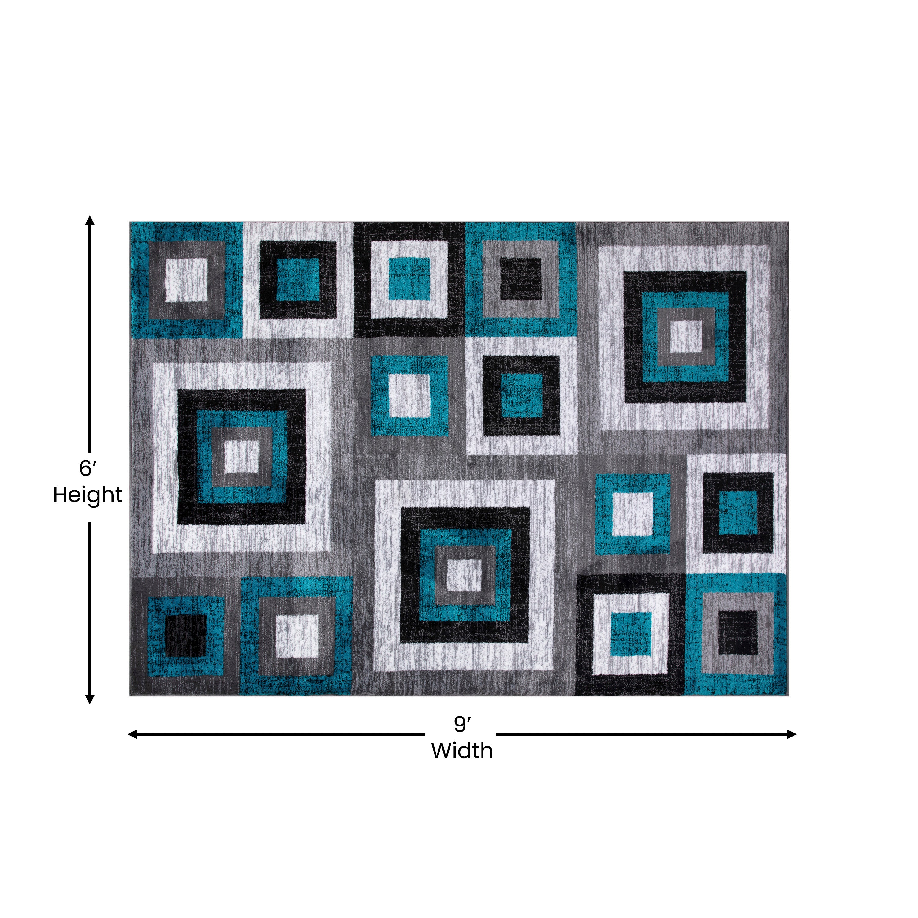 Gideon Collection Geometric 6' x 9' Turquoise, Grey, and White Olefin Area Rug with Cotton Backing, Living Room, Bedroom