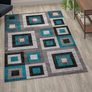 Gideon Collection Geometric 6' x 9' Turquoise, Grey, and White Olefin Area Rug with Cotton Backing, Living Room, Bedroom