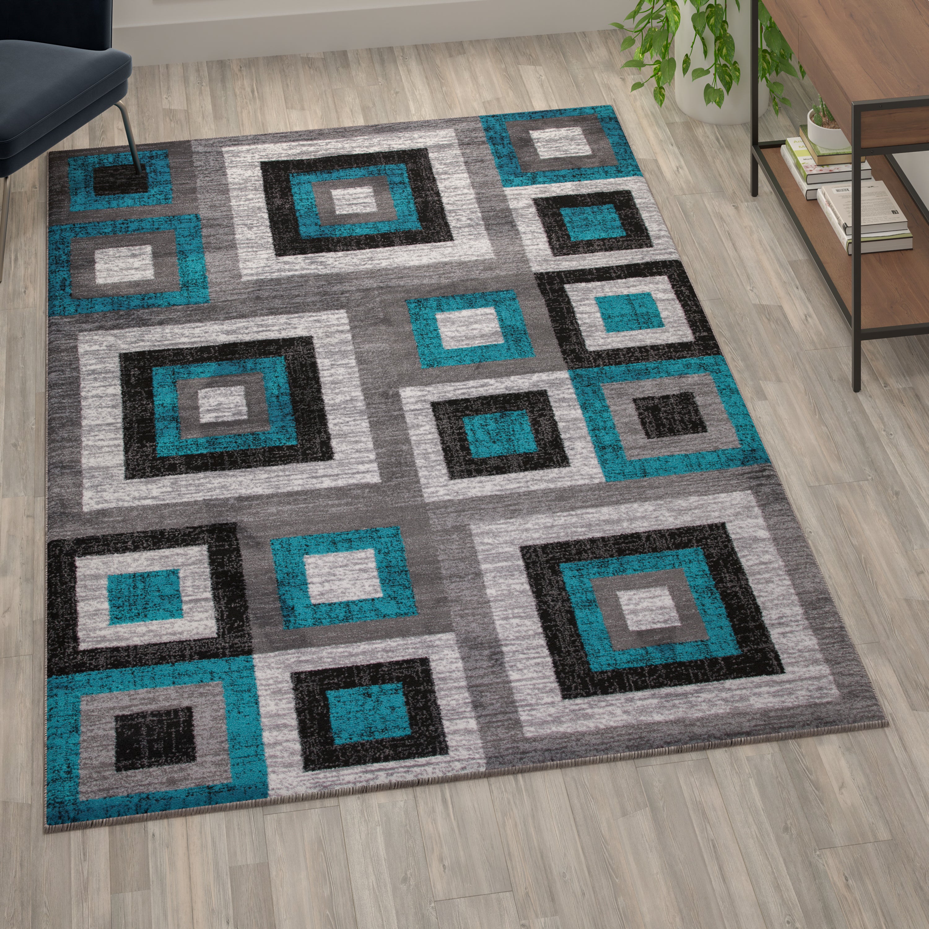Gideon Collection Geometric 6' x 9' Turquoise, Grey, and White Olefin Area Rug with Cotton Backing, Living Room, Bedroom