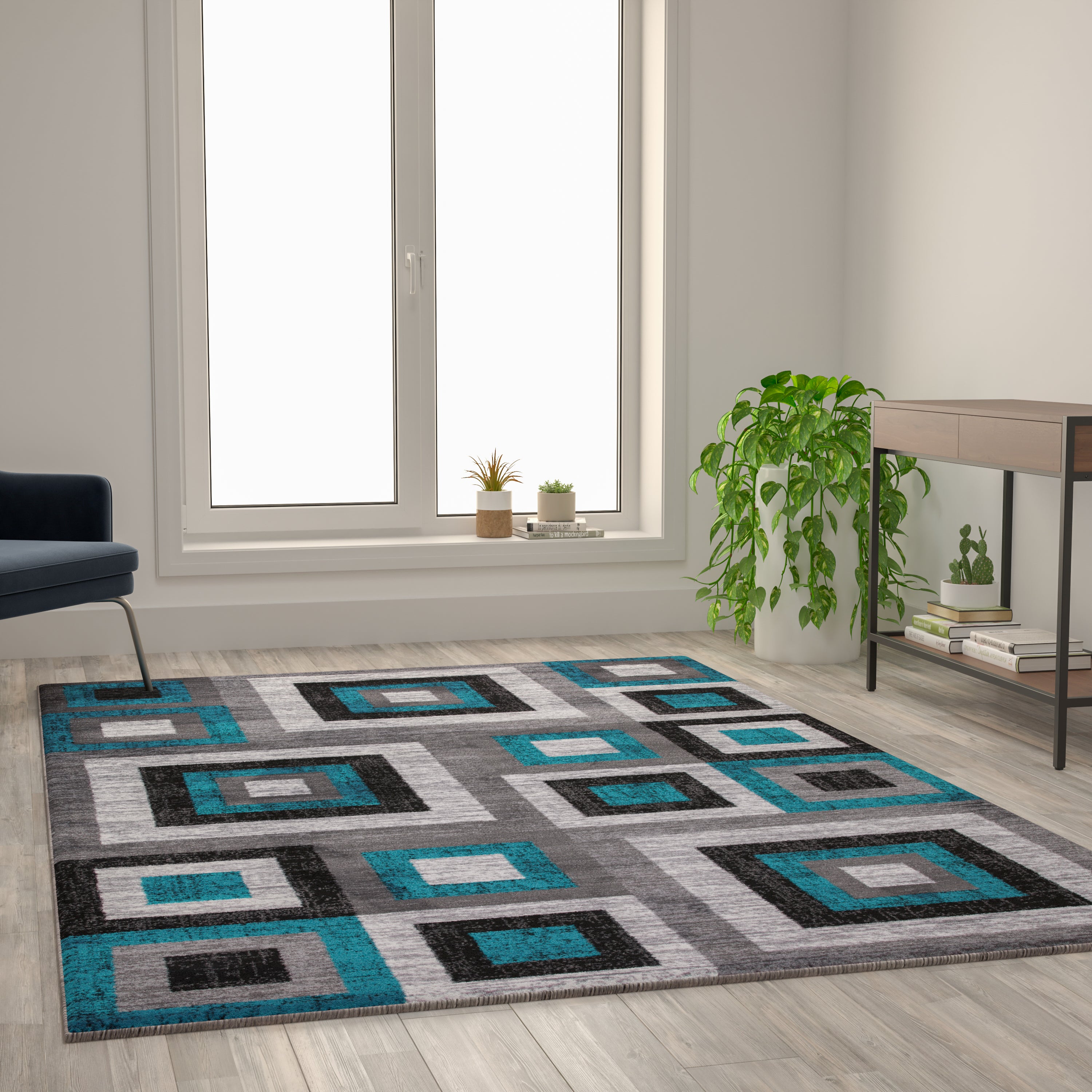 Gideon Collection Geometric 6' x 9' Turquoise, Grey, and White Olefin Area Rug with Cotton Backing, Living Room, Bedroom