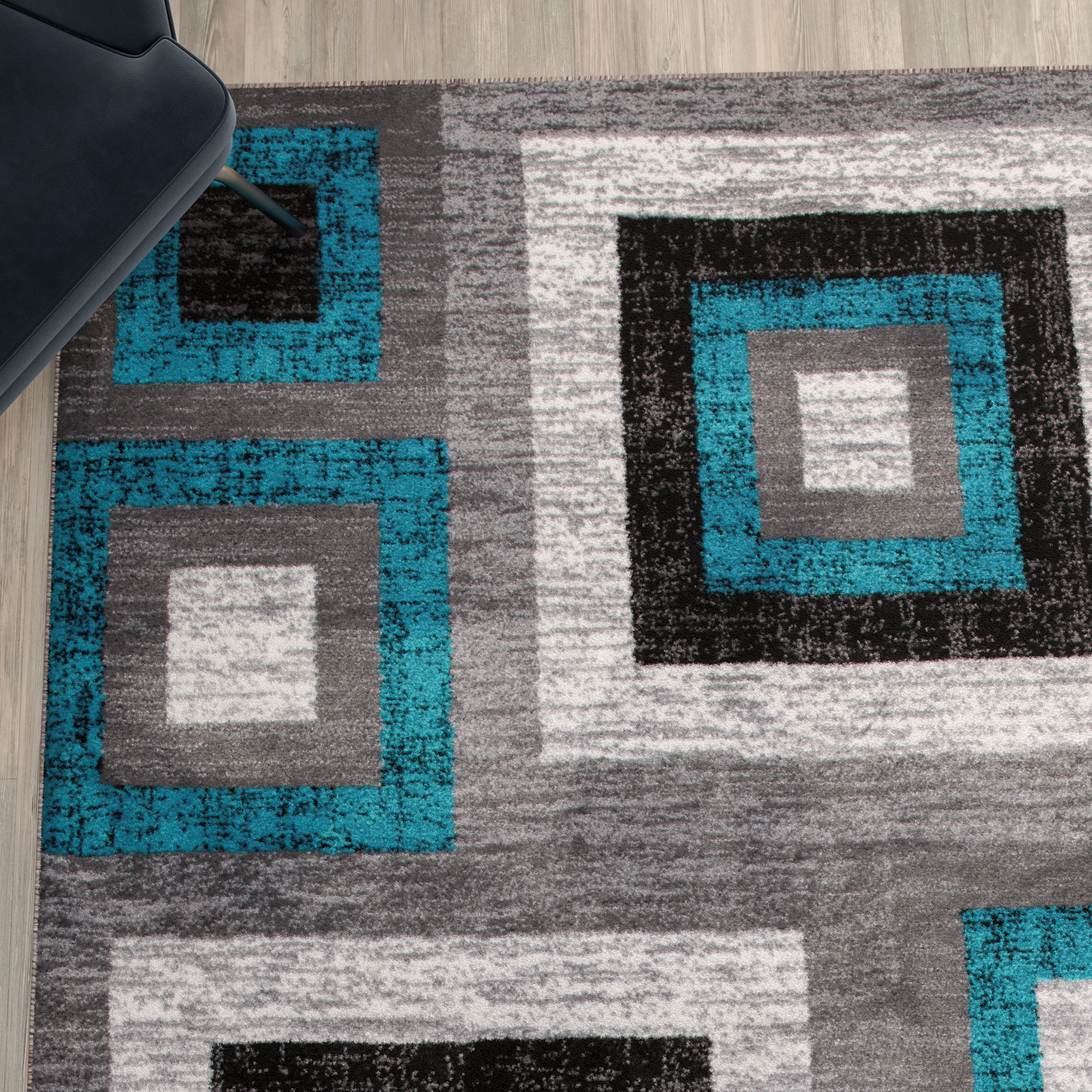 Gideon Collection Geometric 6' x 9' Turquoise, Grey, and White Olefin Area Rug with Cotton Backing, Living Room, Bedroom