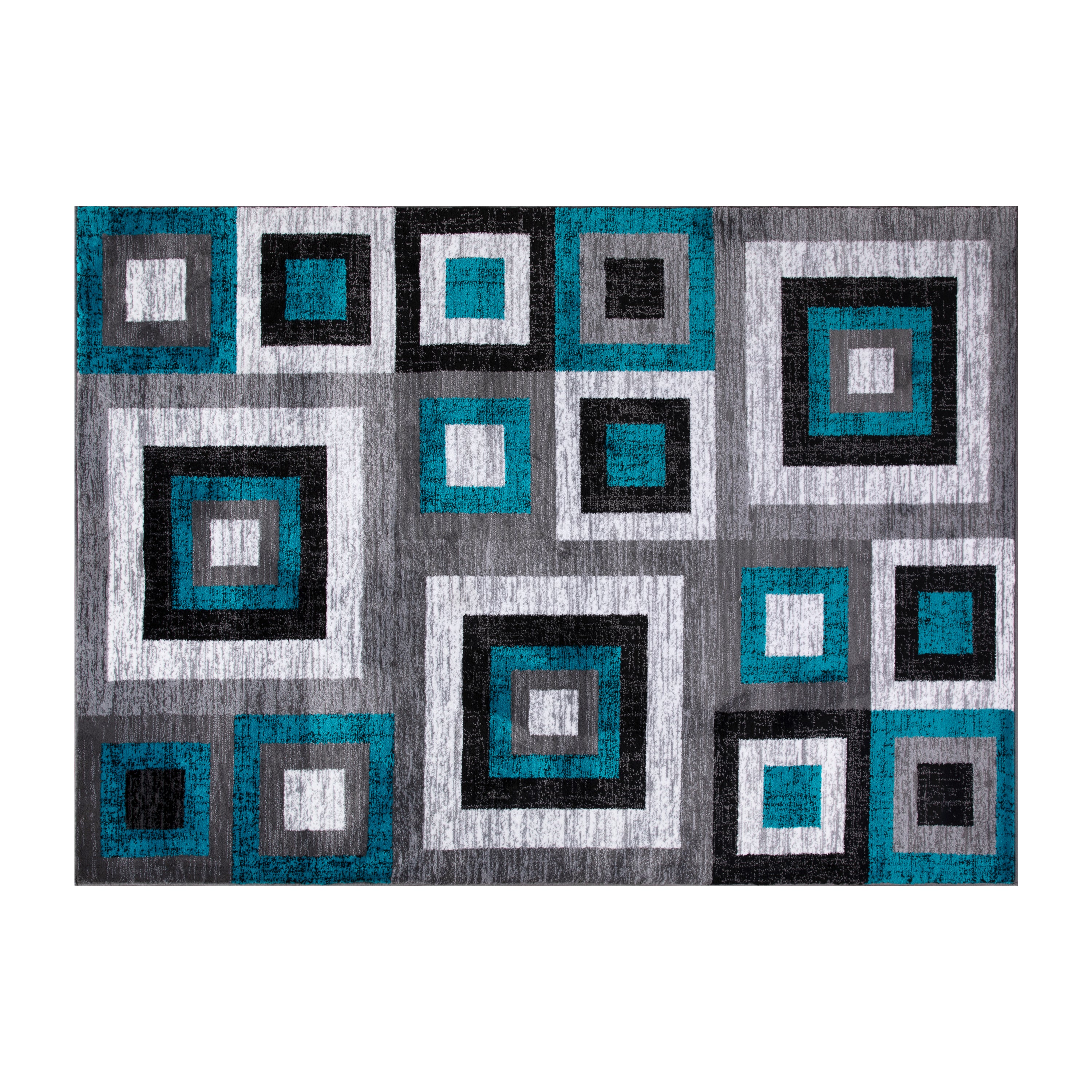 Gideon Collection Geometric 8' x 10' Turquoise, Grey, and White Olefin Area Rug with Cotton Backing, Living Room, Bedroom