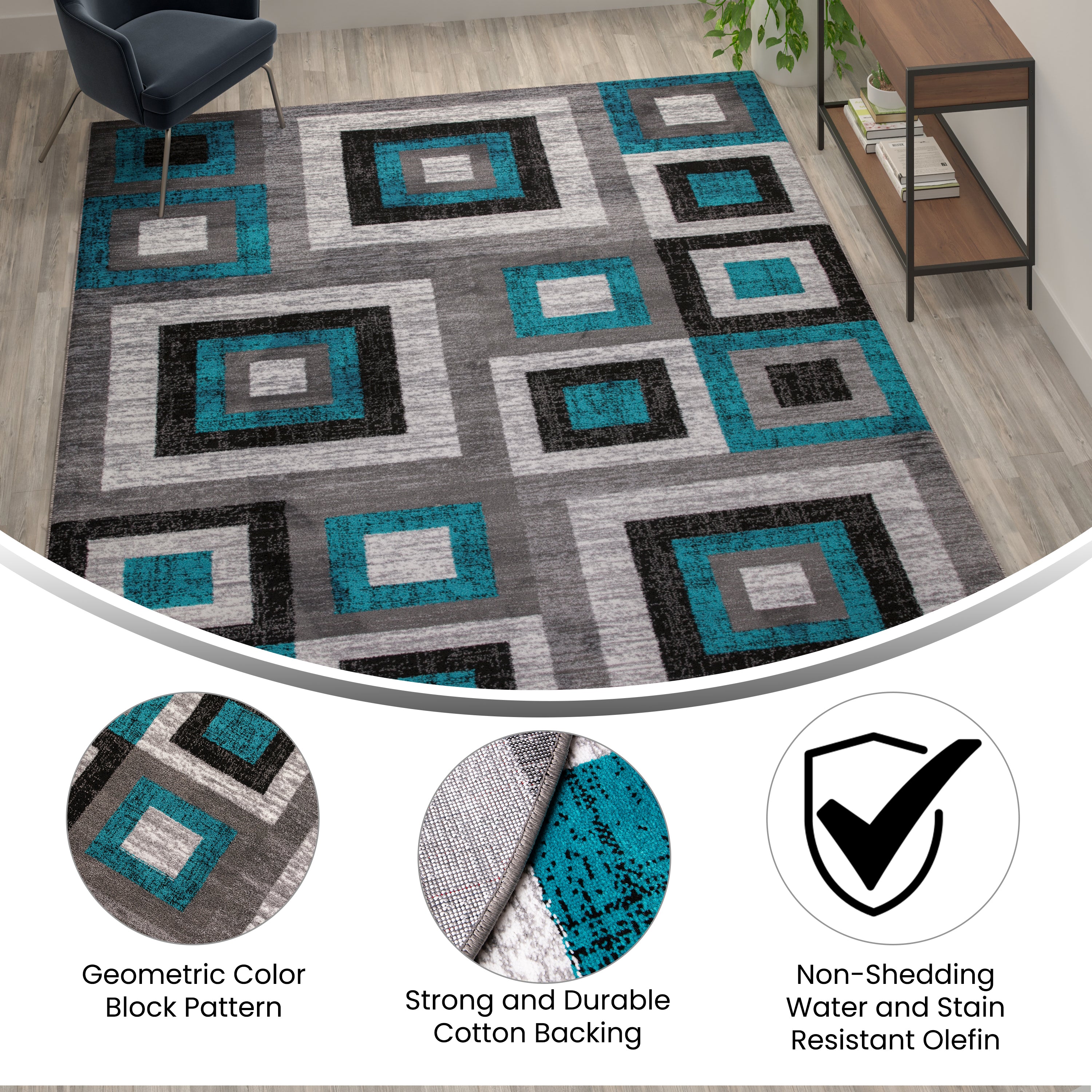 Gideon Collection Geometric 8' x 10' Turquoise, Grey, and White Olefin Area Rug with Cotton Backing, Living Room, Bedroom