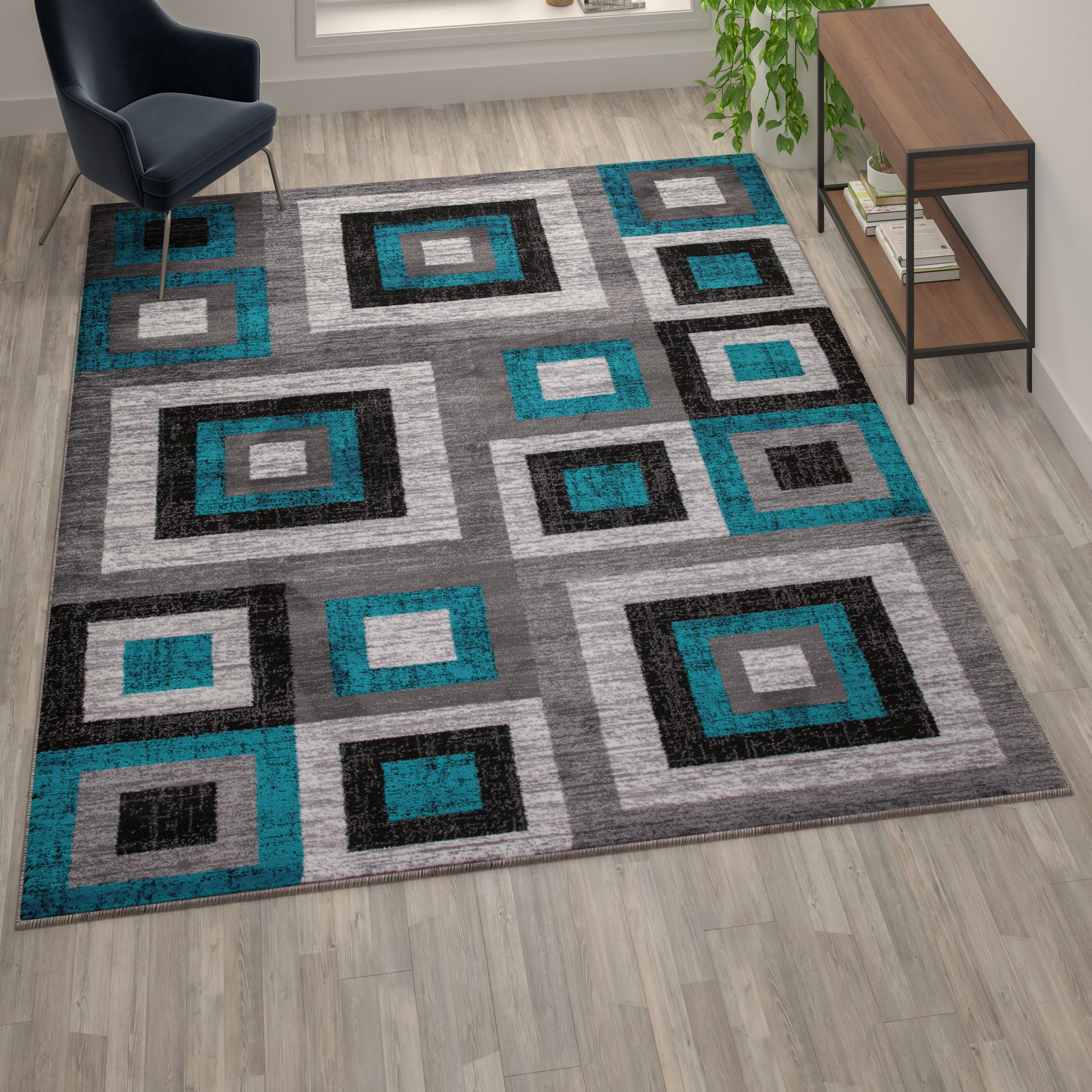 Gideon Collection Geometric 8' x 10' Turquoise, Grey, and White Olefin Area Rug with Cotton Backing, Living Room, Bedroom
