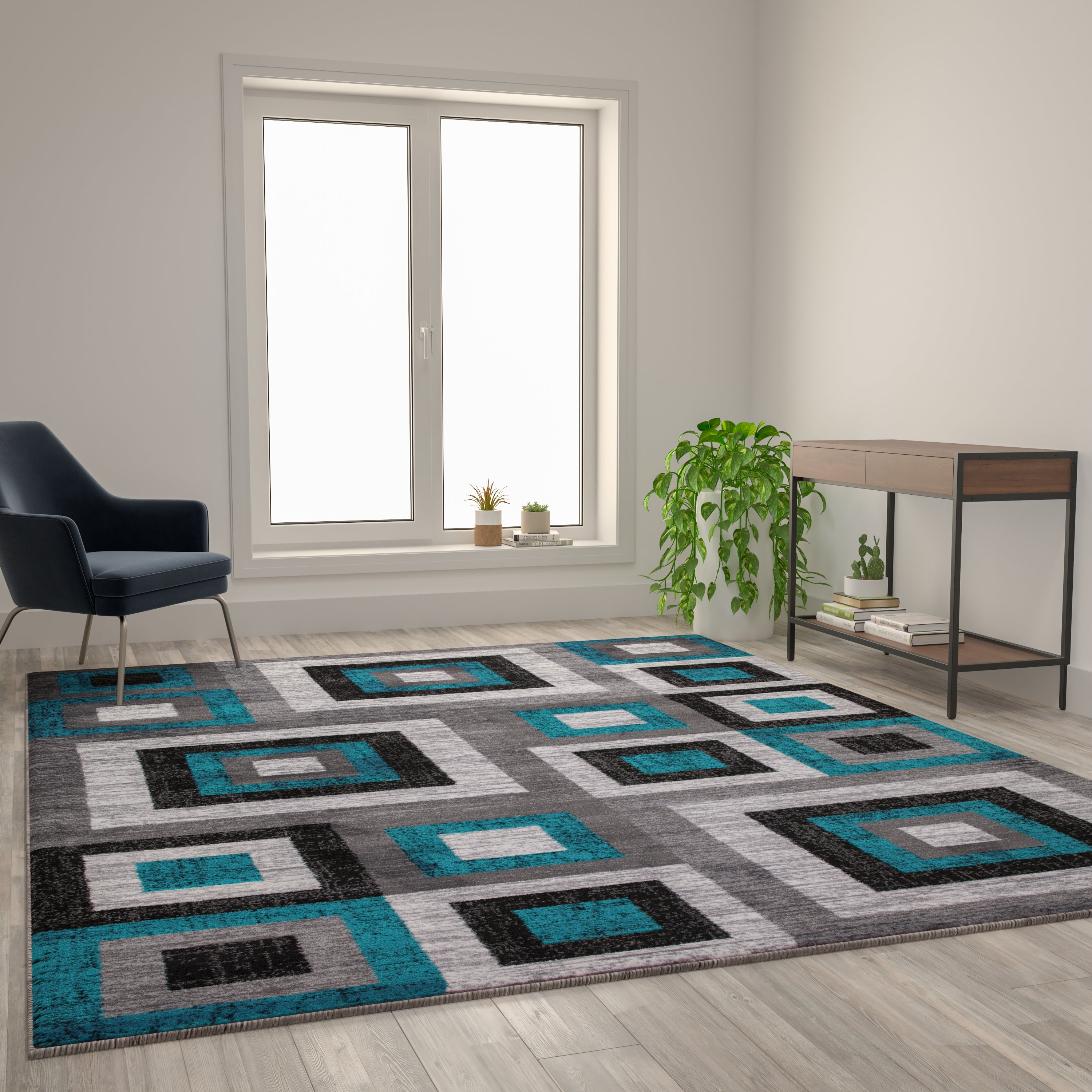 Gideon Collection Geometric 8' x 10' Turquoise, Grey, and White Olefin Area Rug with Cotton Backing, Living Room, Bedroom