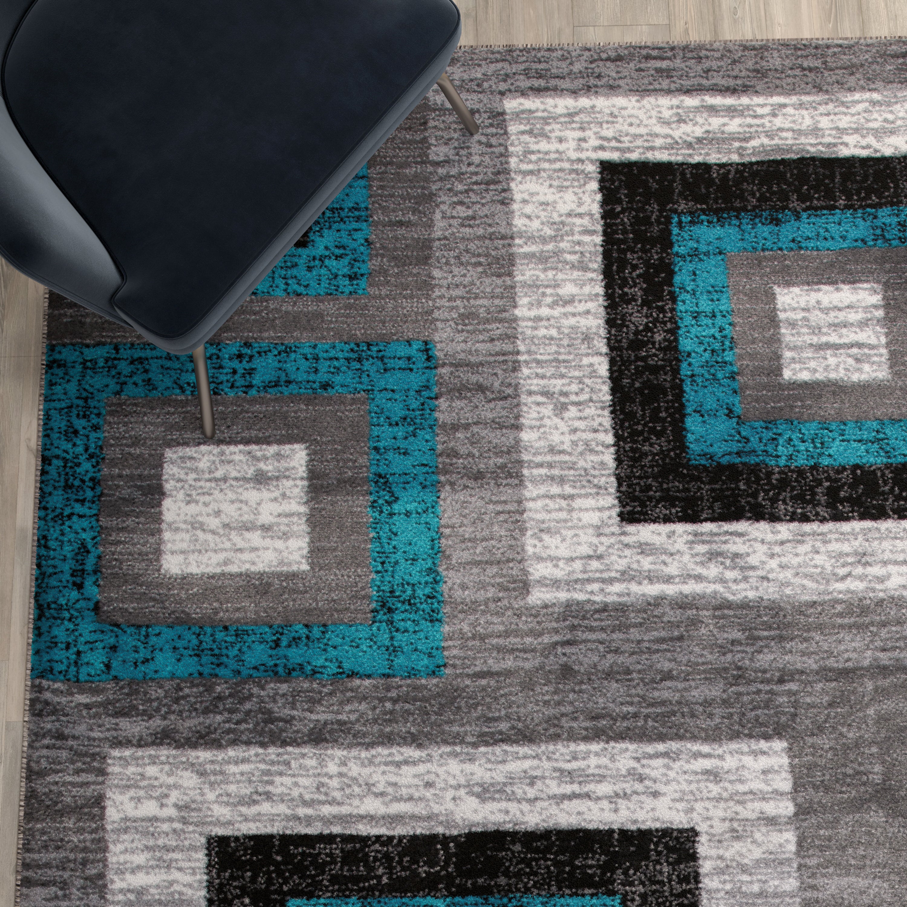Gideon Collection Geometric 8' x 10' Turquoise, Grey, and White Olefin Area Rug with Cotton Backing, Living Room, Bedroom