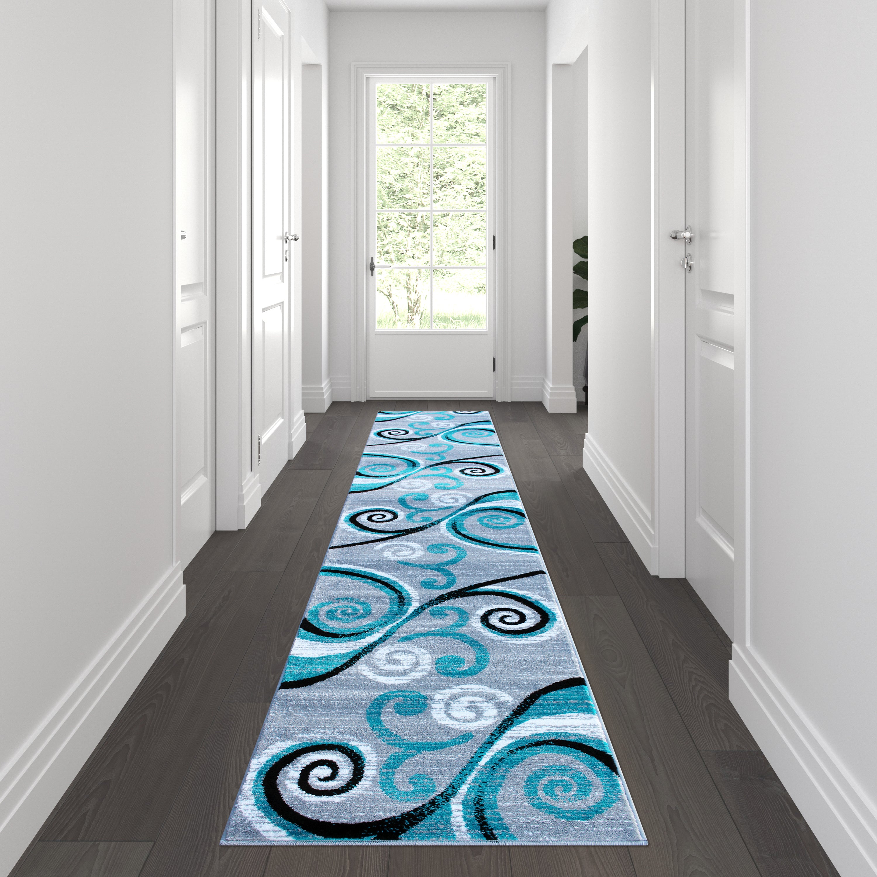 Valli Collection 2' x 11' Turquoise Abstract Area Rug - Olefin Rug with Jute Backing - Hallway, Entryway, Bedroom, Living Room