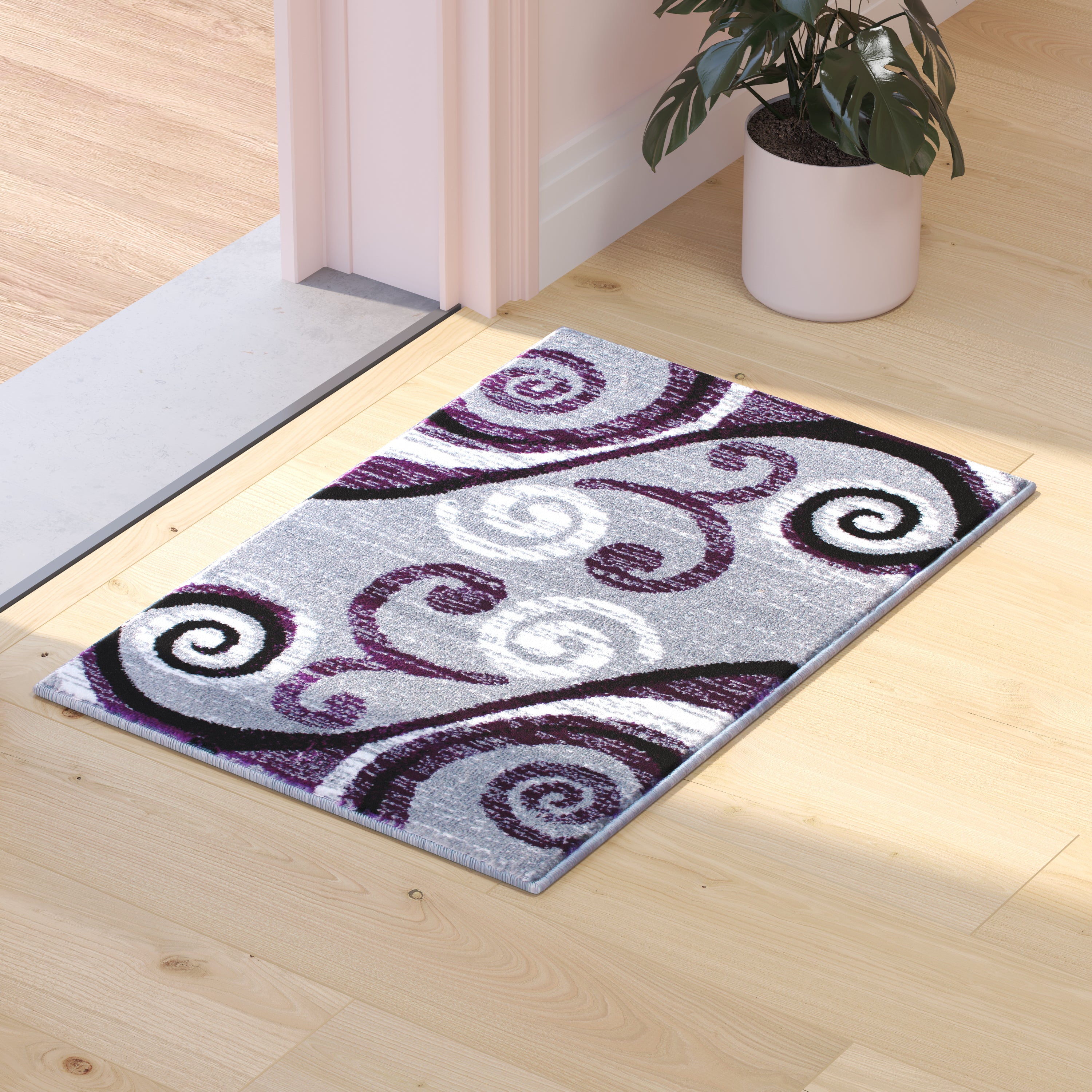 Valli Collection 2' x 3' Purple Abstract Area Rug - Olefin Rug with Jute Backing - Hallway, Entryway, Bedroom, Living Room