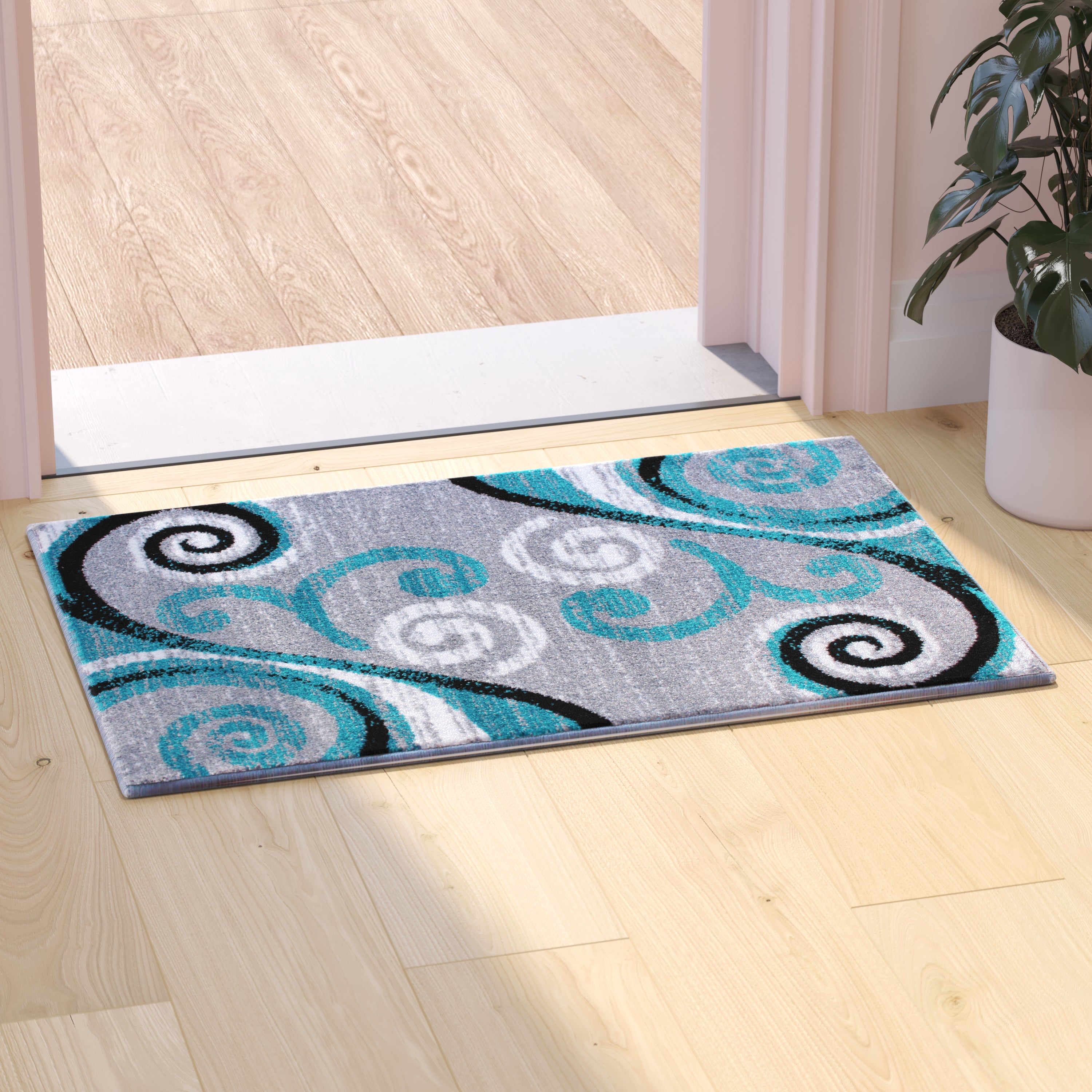 Valli Collection 2' x 3' Turquoise Abstract Area Rug - Olefin Rug with Jute Backing - Hallway, Entryway, Bedroom, Living Room