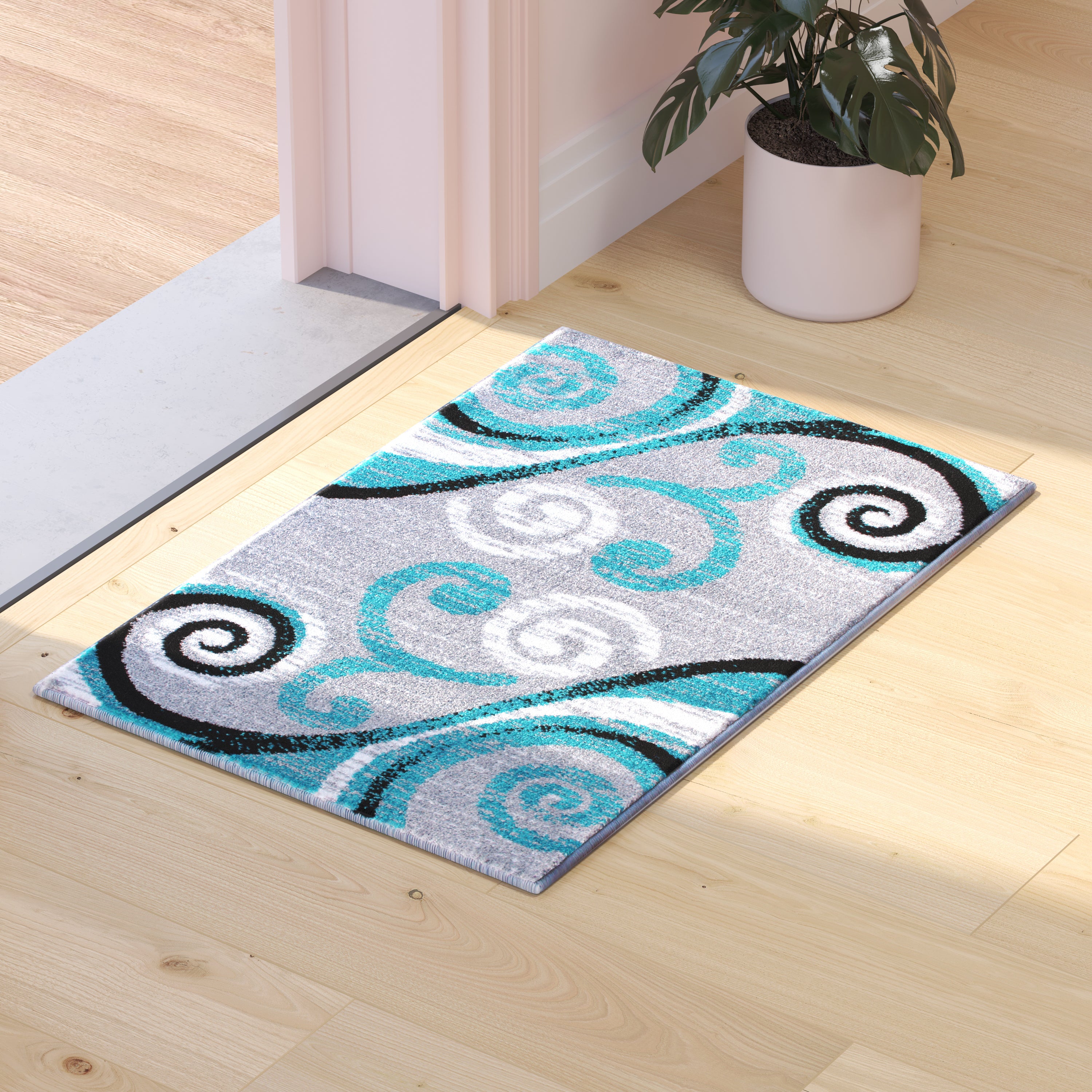 Valli Collection 2' x 3' Turquoise Abstract Area Rug - Olefin Rug with Jute Backing - Hallway, Entryway, Bedroom, Living Room