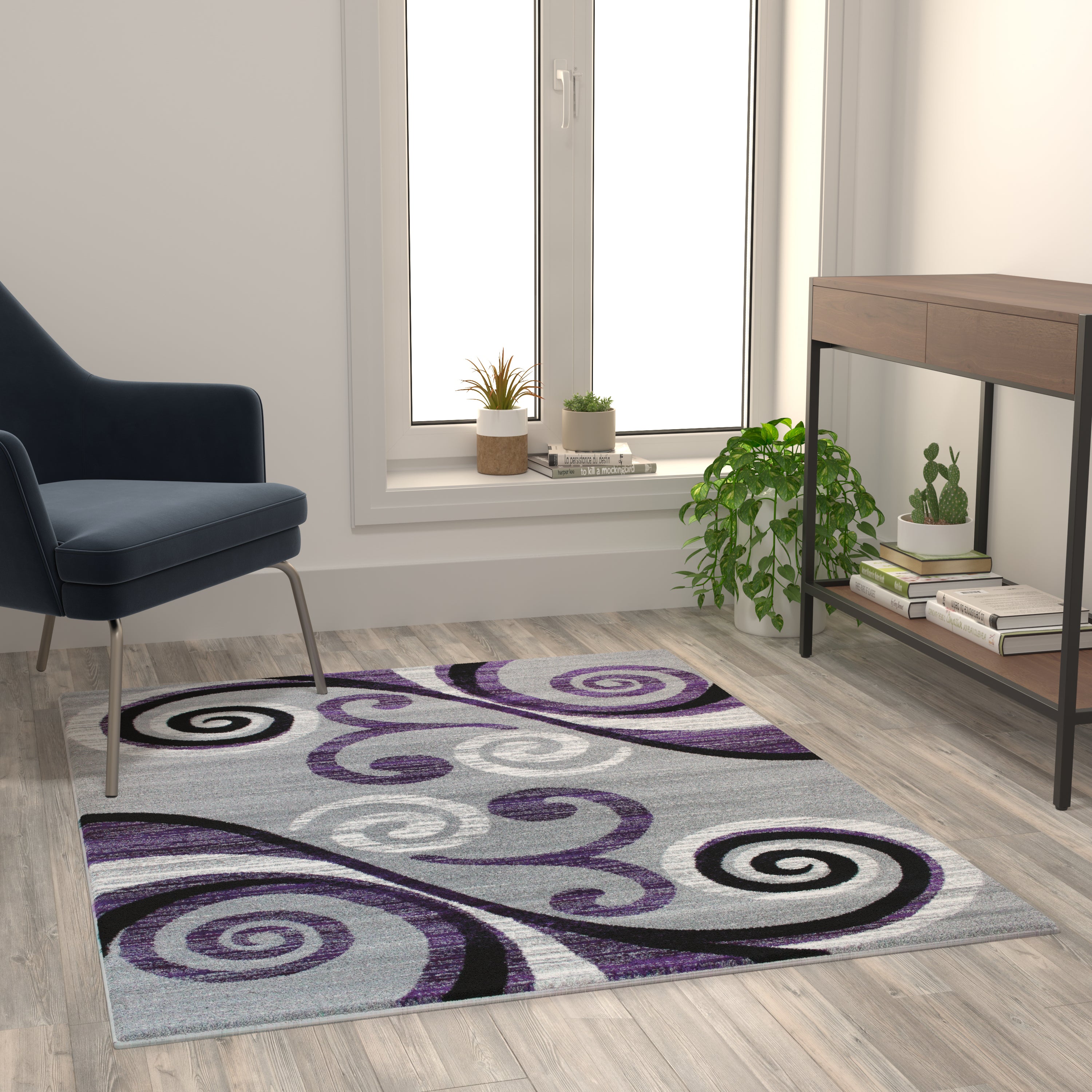Valli Collection 4' x 5' Purple Abstract Area Rug - Olefin Rug with Jute Backing - Hallway, Entryway, Bedroom, Living Room