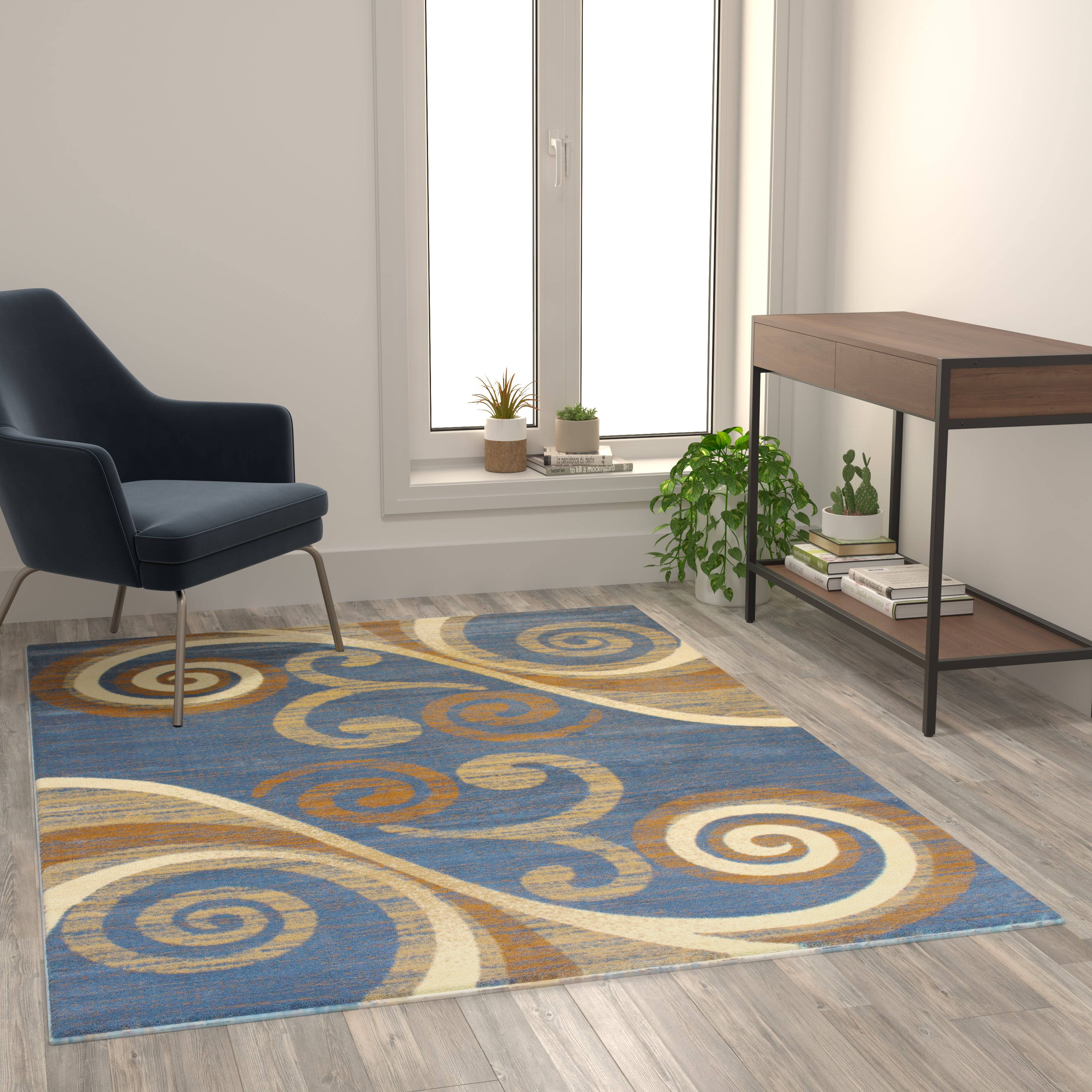 Valli Collection 5' x 7' Blue Abstract Area Rug - Olefin Rug with Jute Backing - Hallway, Entryway, Bedroom, Living Room