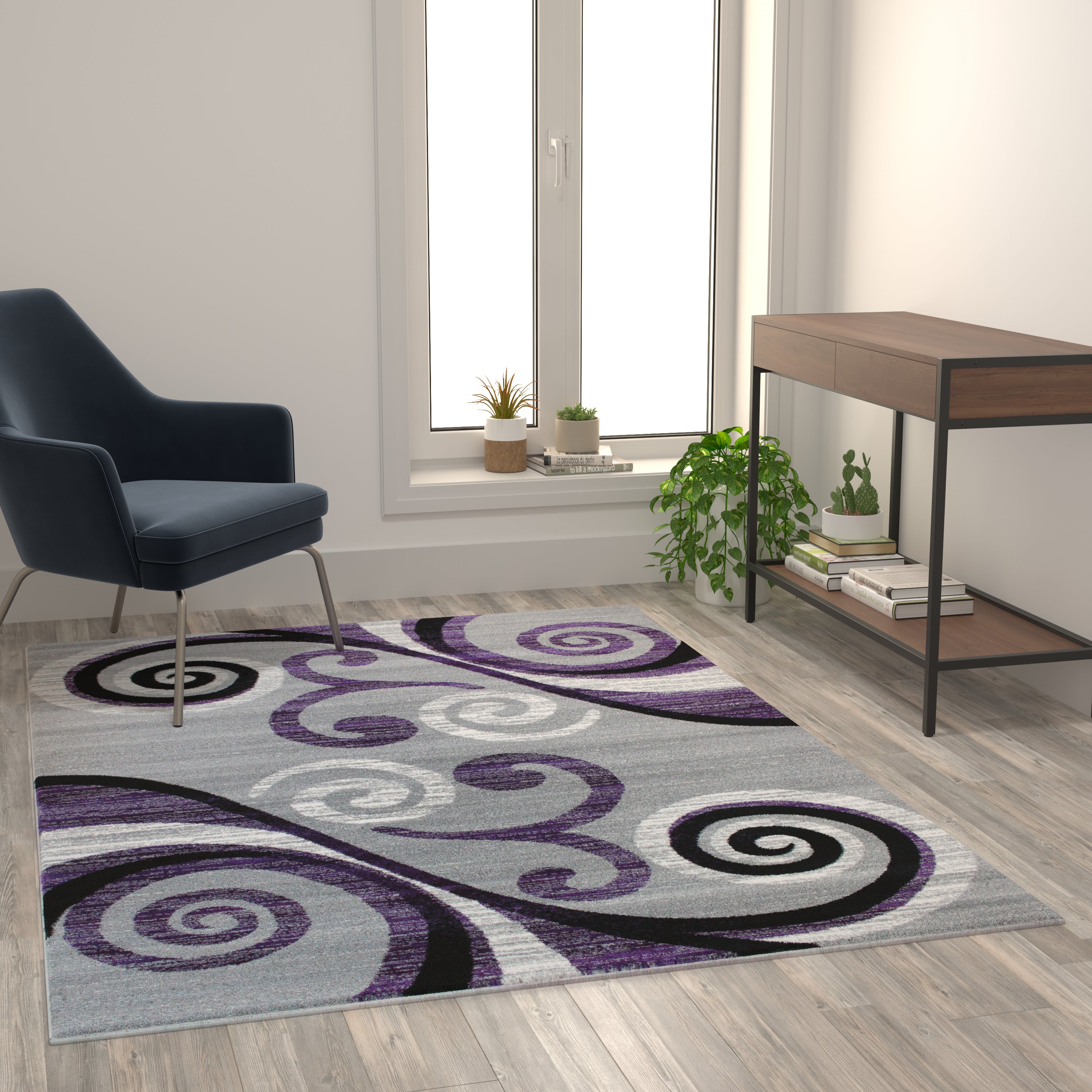 Valli Collection 5' x 7' Purple Abstract Area Rug - Olefin Rug with Jute Backing - Hallway, Entryway, Bedroom, Living Room