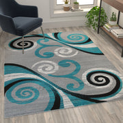 Valli Collection 5' x 7' Turquoise Abstract Area Rug - Olefin Rug with Jute Backing - Hallway, Entryway, Bedroom, Living Room