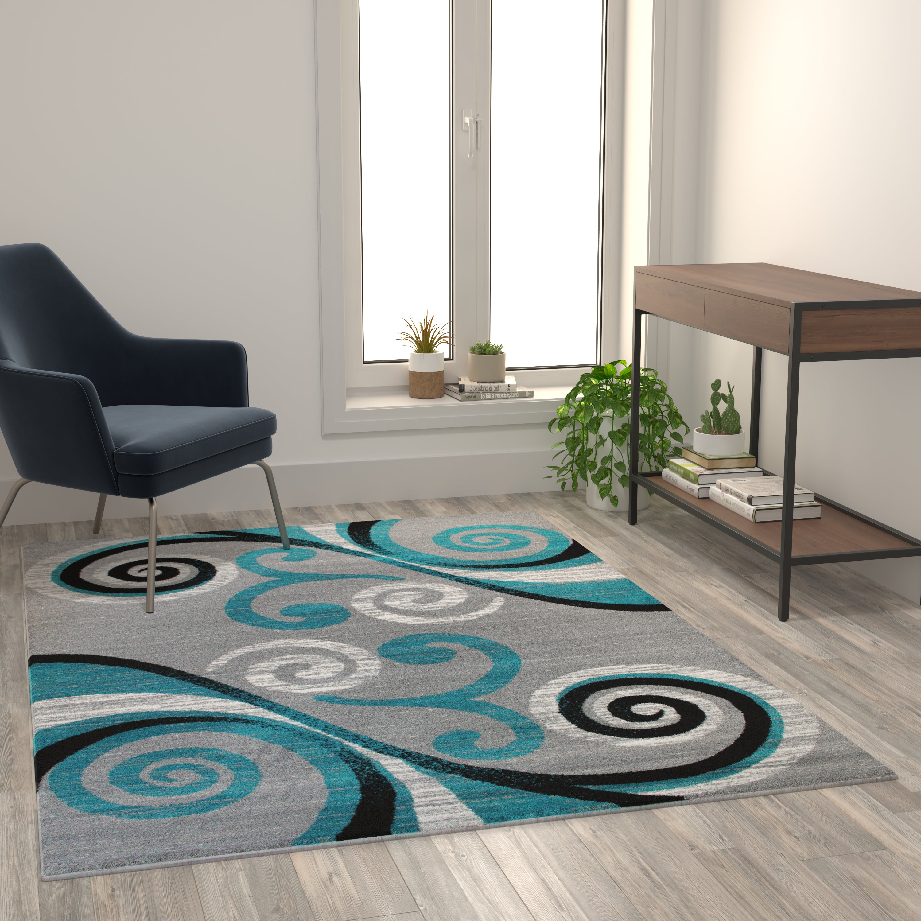 Valli Collection 5' x 7' Turquoise Abstract Area Rug - Olefin Rug with Jute Backing - Hallway, Entryway, Bedroom, Living Room