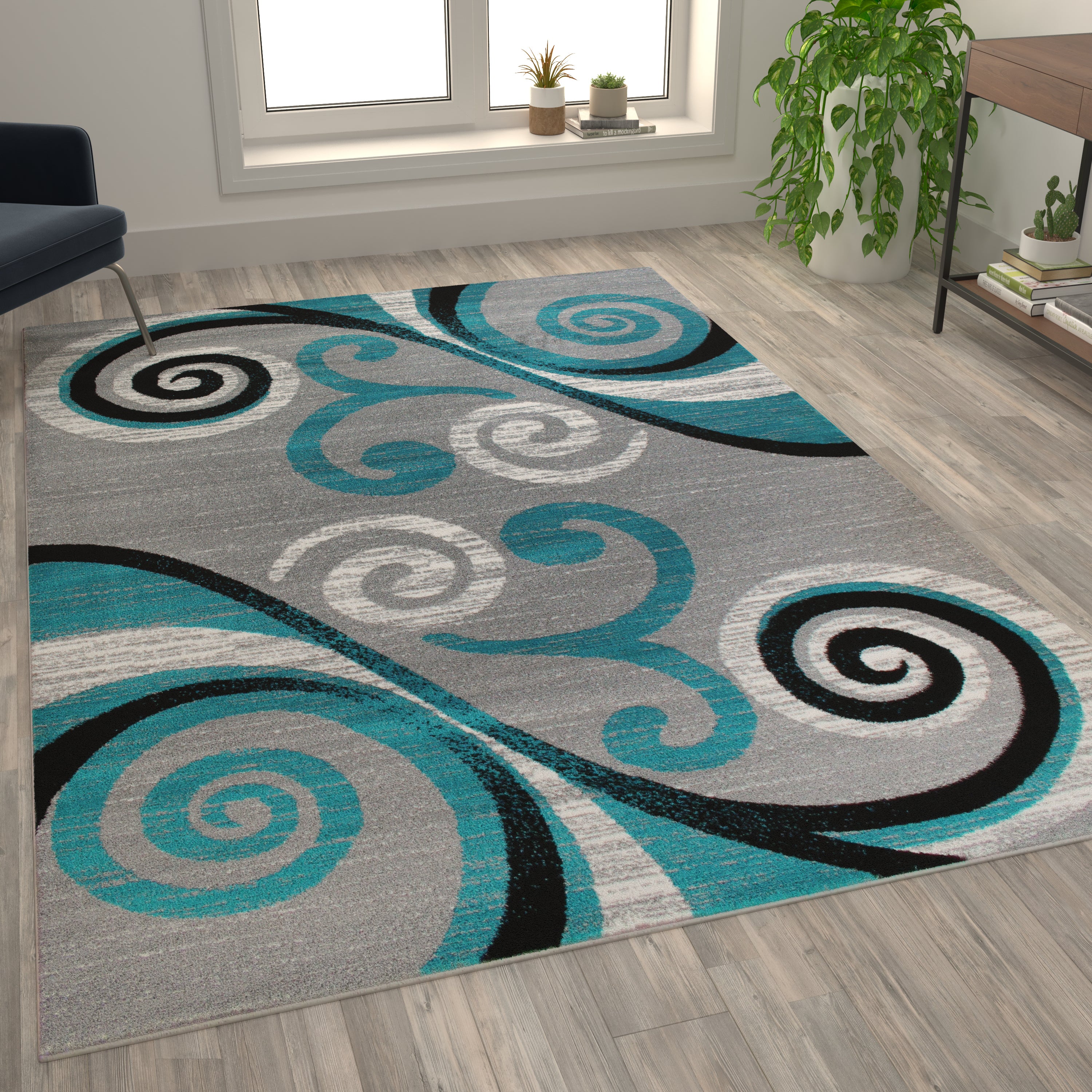 Valli Collection 6' x 9' Turquoise Abstract Area Rug - Olefin Rug with Jute Backing - Hallway, Entryway, Bedroom, Living Room