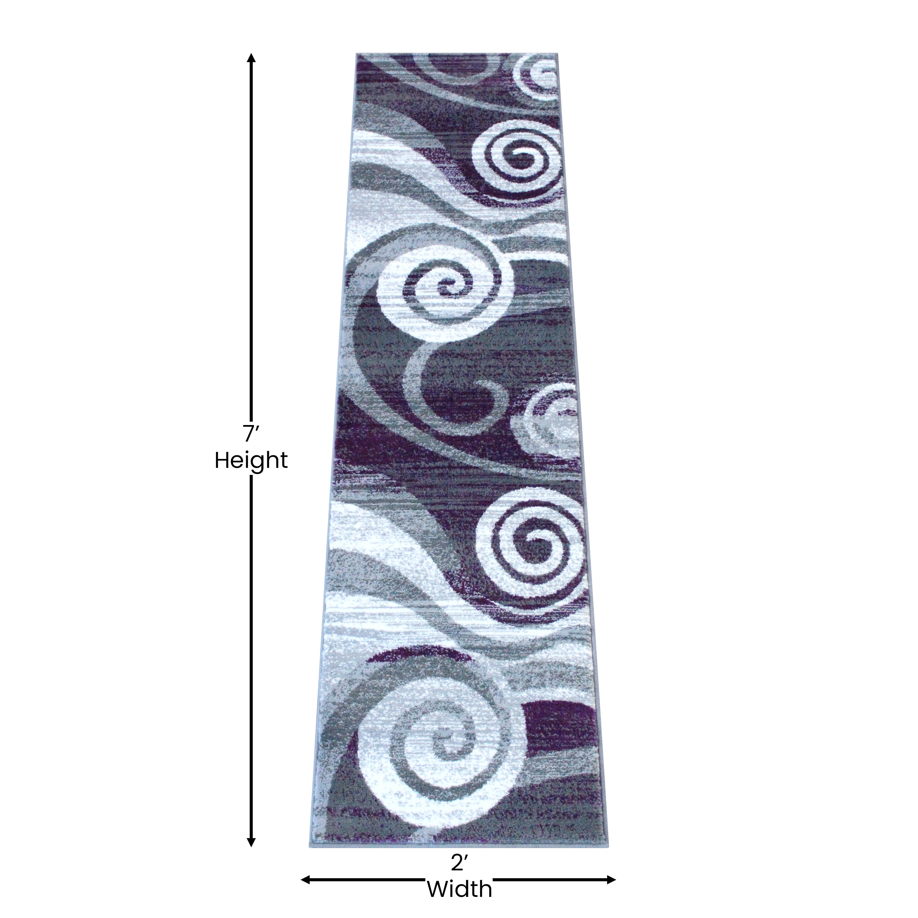 Cirrus Collection 2' x 7' Purple Swirl Patterned Olefin Area Rug with Jute Backing for Entryway, Living Room, Bedroom