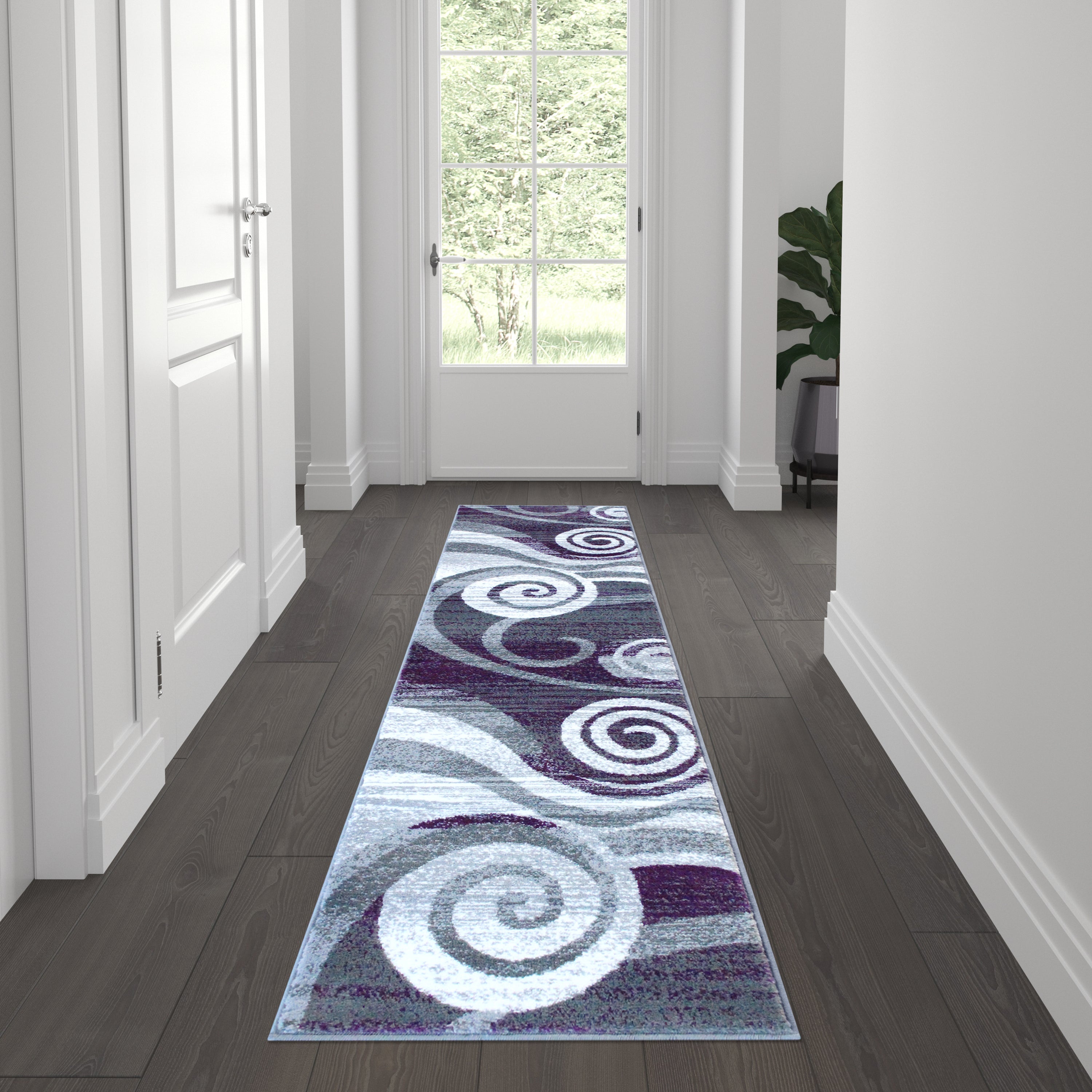 Cirrus Collection 2' x 7' Purple Swirl Patterned Olefin Area Rug with Jute Backing for Entryway, Living Room, Bedroom