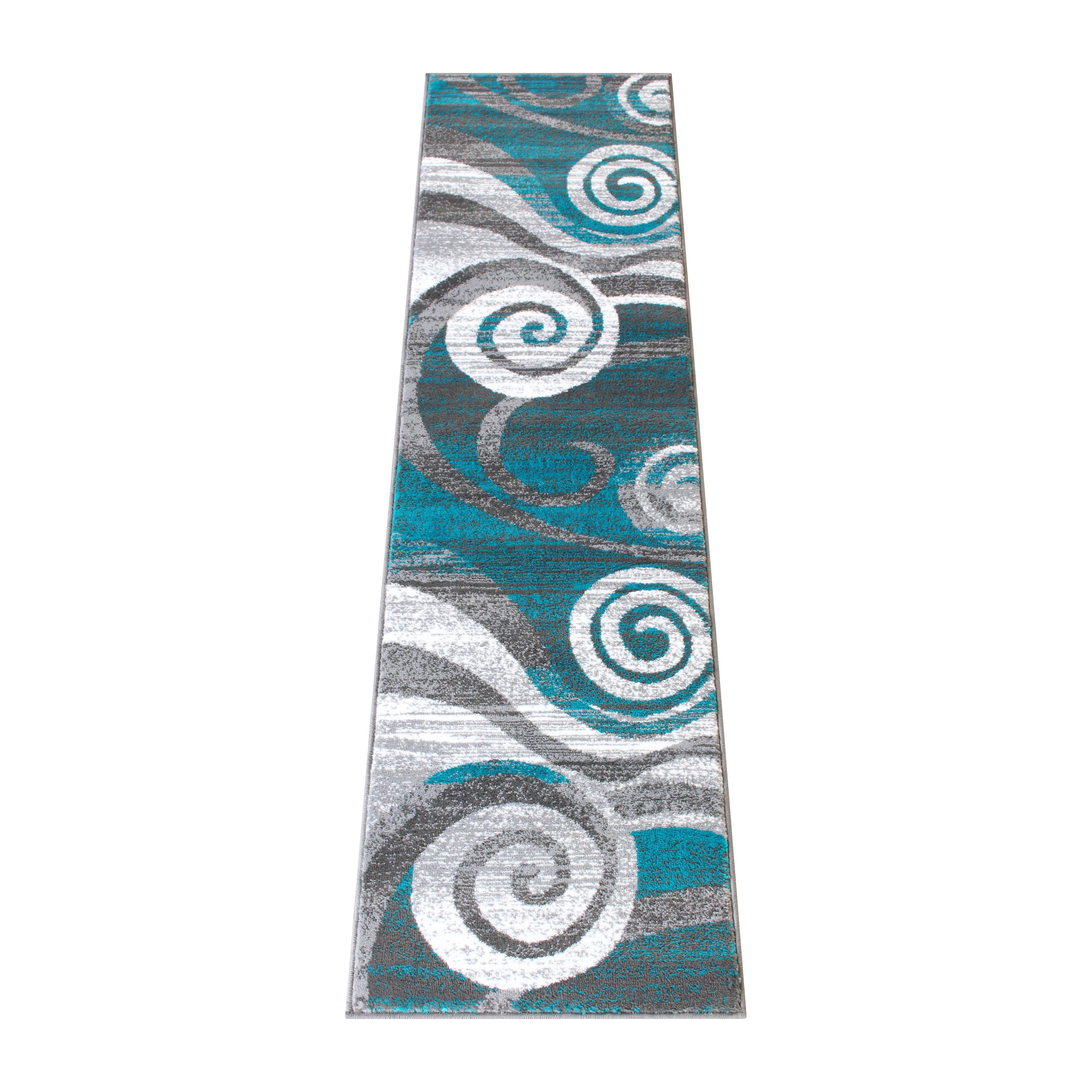 Cirrus Collection 2' x 7' Turquoise Swirl Patterned Olefin Area Rug with Jute Backing for Entryway, Living Room, Bedroom