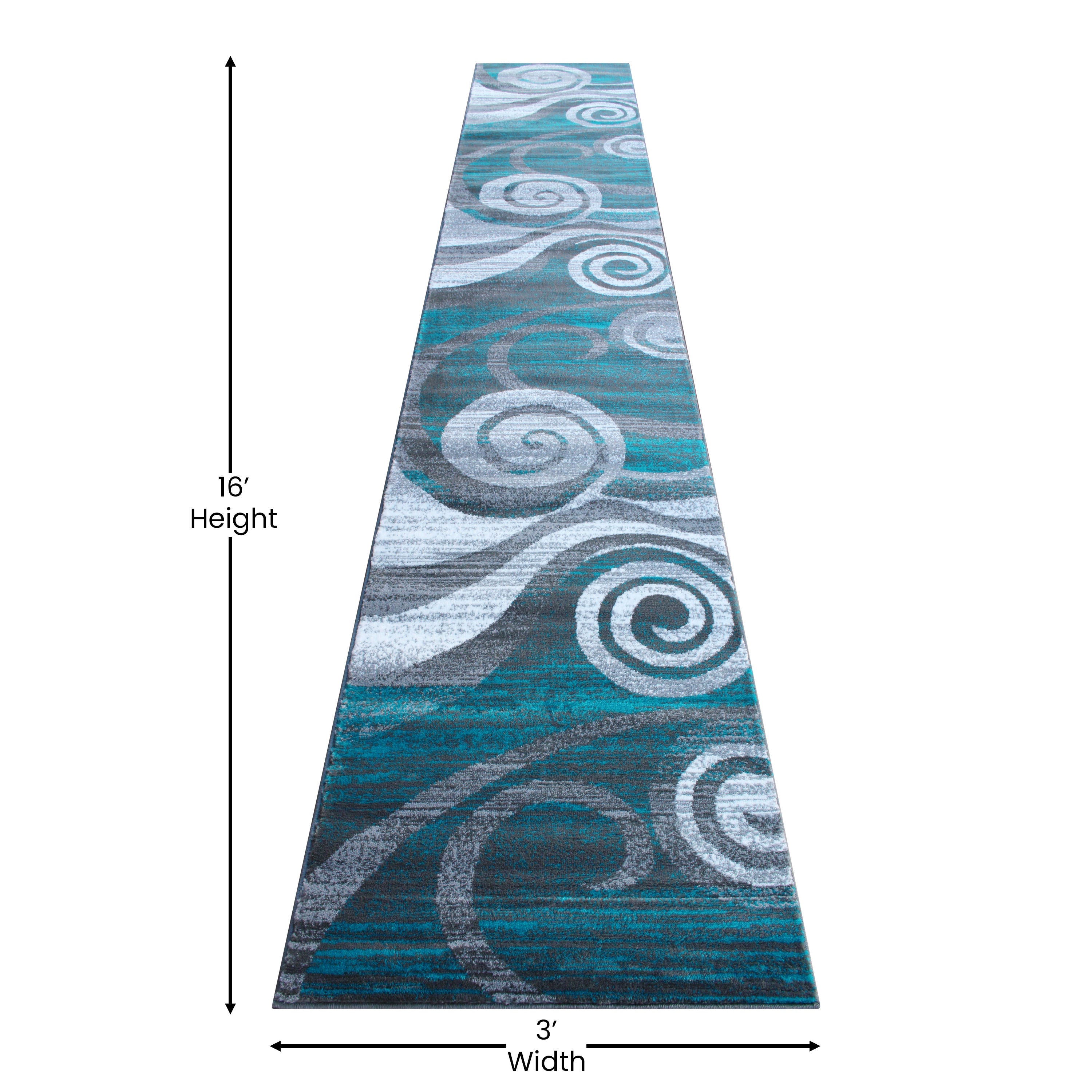 Cirrus Collection 3' x 16' Turquoise Swirl Patterned Olefin Area Rug with Jute Backing for Entryway, Living Room, Bedroom