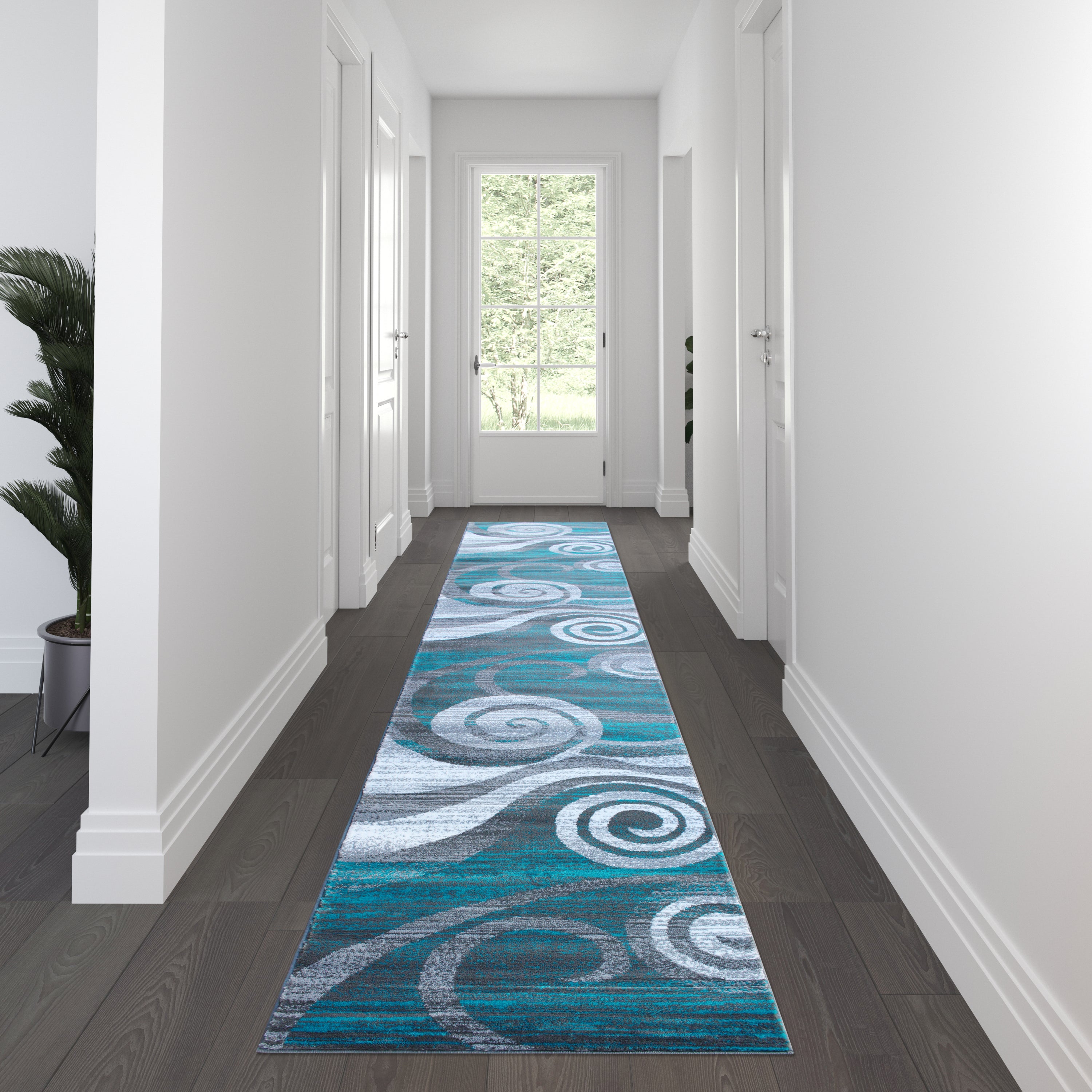 Cirrus Collection 3' x 16' Turquoise Swirl Patterned Olefin Area Rug with Jute Backing for Entryway, Living Room, Bedroom