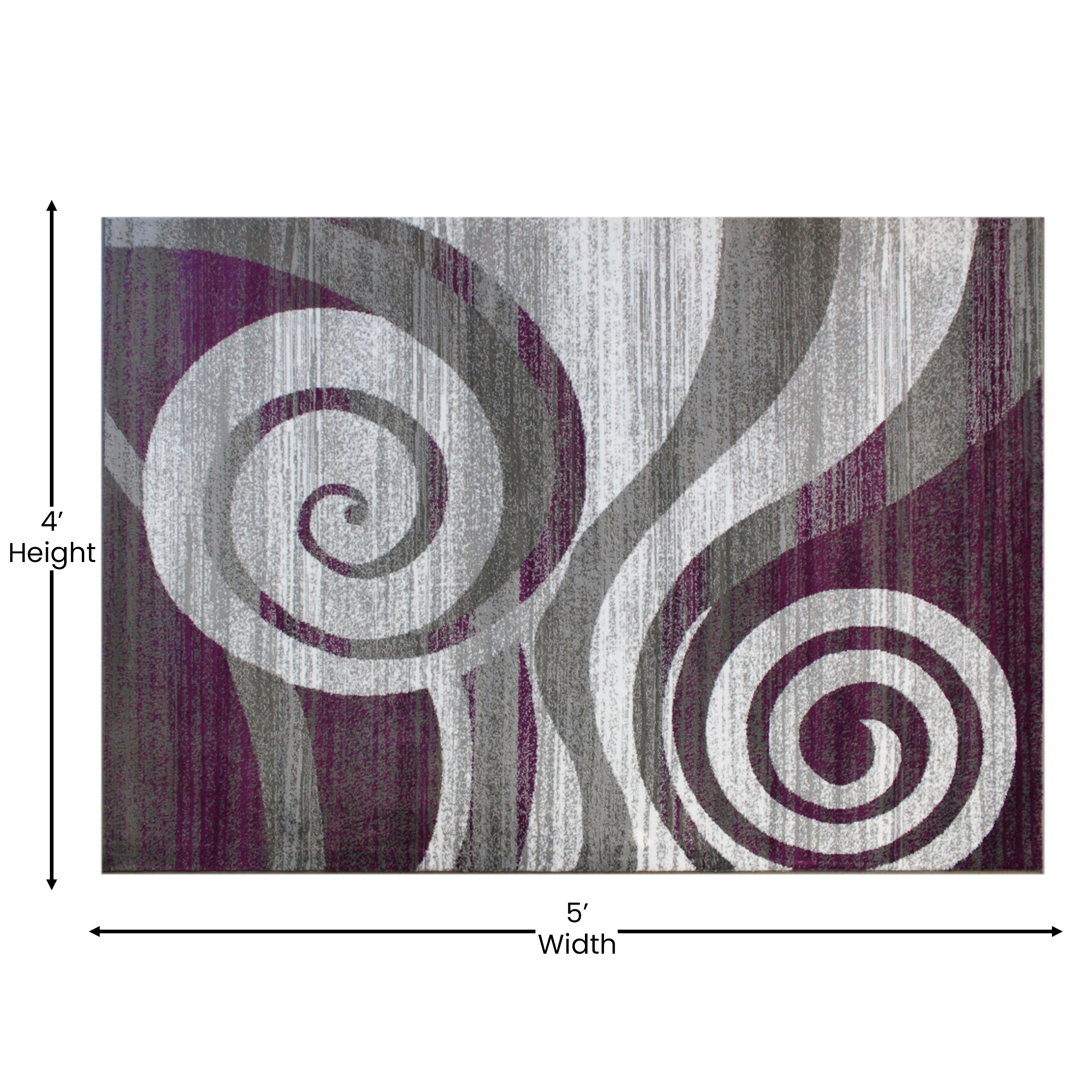 Cirrus Collection 4' x 5' Purple Swirl Patterned Olefin Area Rug with Jute Backing for Entryway, Living Room, Bedroom
