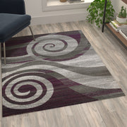 Cirrus Collection 4' x 5' Purple Swirl Patterned Olefin Area Rug with Jute Backing for Entryway, Living Room, Bedroom