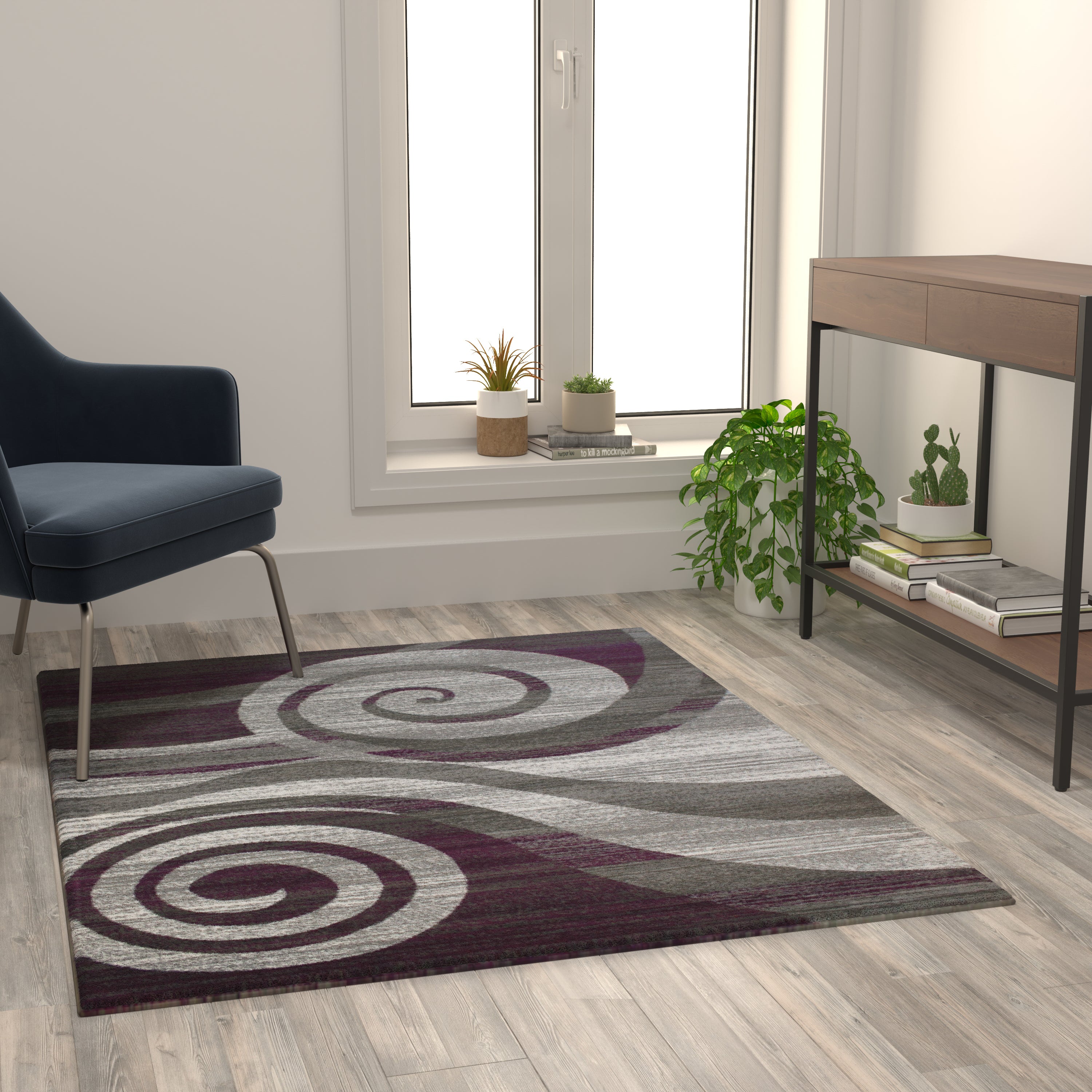 Cirrus Collection 4' x 5' Purple Swirl Patterned Olefin Area Rug with Jute Backing for Entryway, Living Room, Bedroom