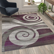 Cirrus Collection 5' x 7' Purple Swirl Patterned Olefin Area Rug with Jute Backing for Entryway, Living Room, Bedroom