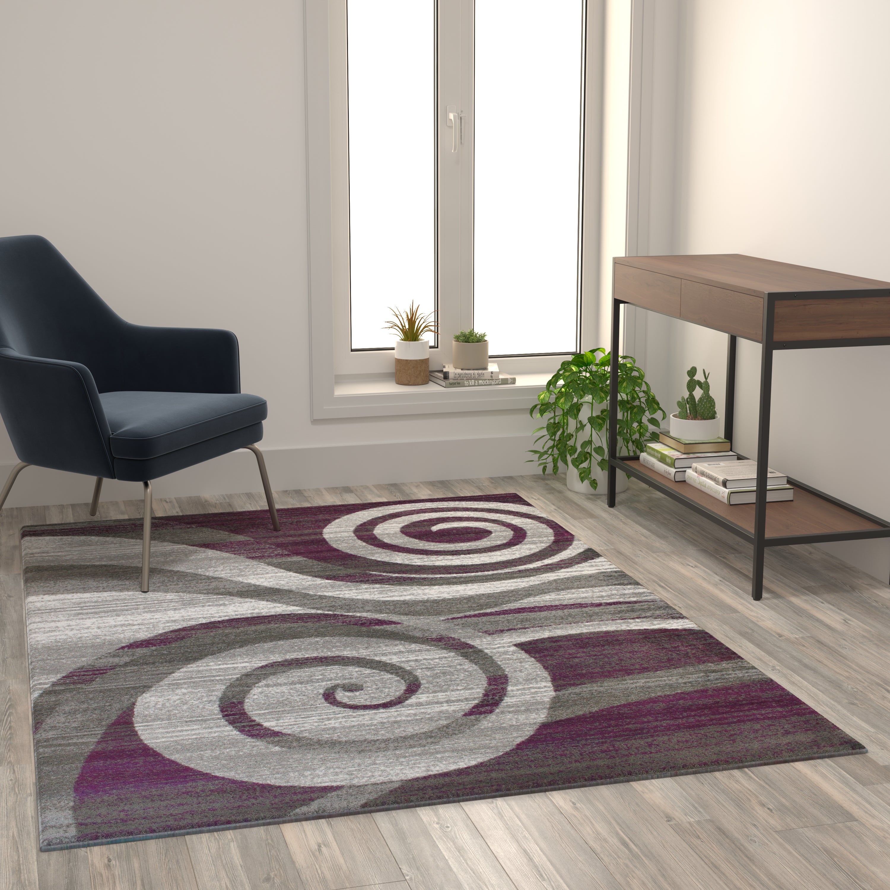 Cirrus Collection 5' x 7' Purple Swirl Patterned Olefin Area Rug with Jute Backing for Entryway, Living Room, Bedroom