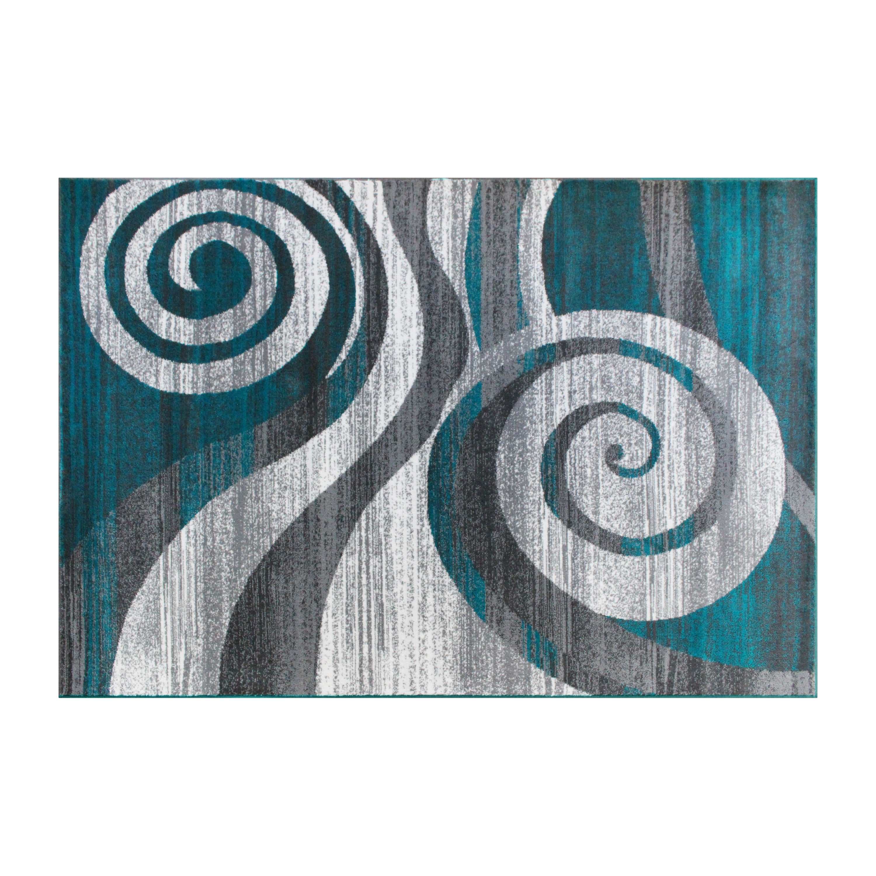 Cirrus Collection 5' x 7' Turquoise Swirl Patterned Olefin Area Rug with Jute Backing for Entryway, Living Room, Bedroom