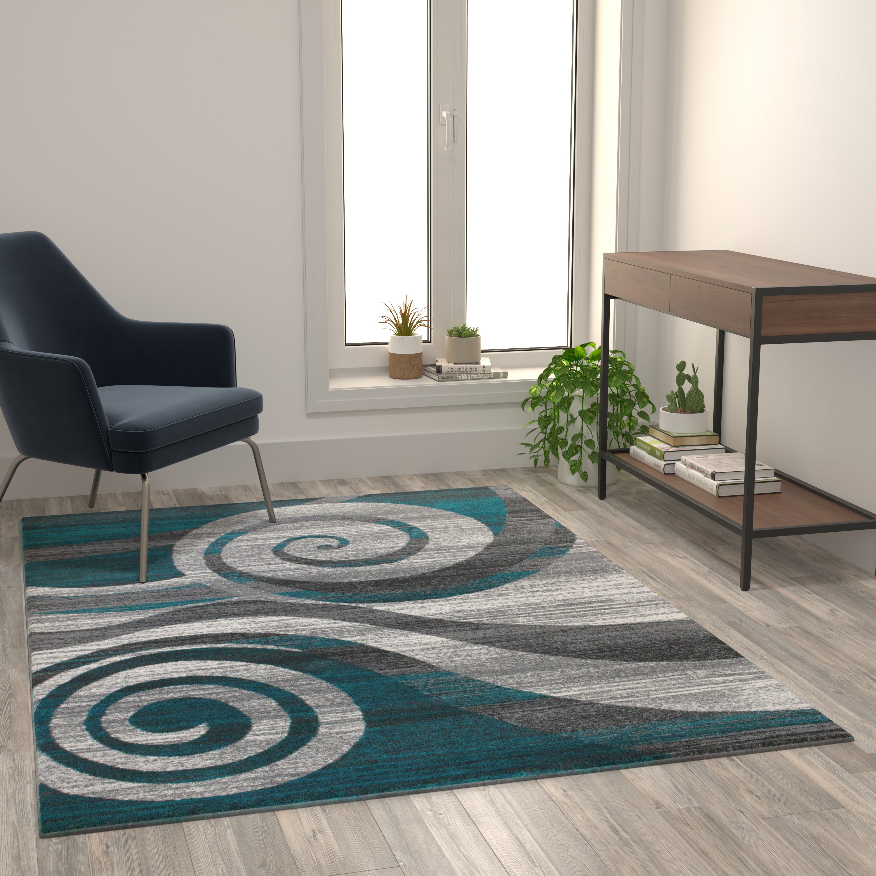 Cirrus Collection 5' x 7' Turquoise Swirl Patterned Olefin Area Rug with Jute Backing for Entryway, Living Room, Bedroom