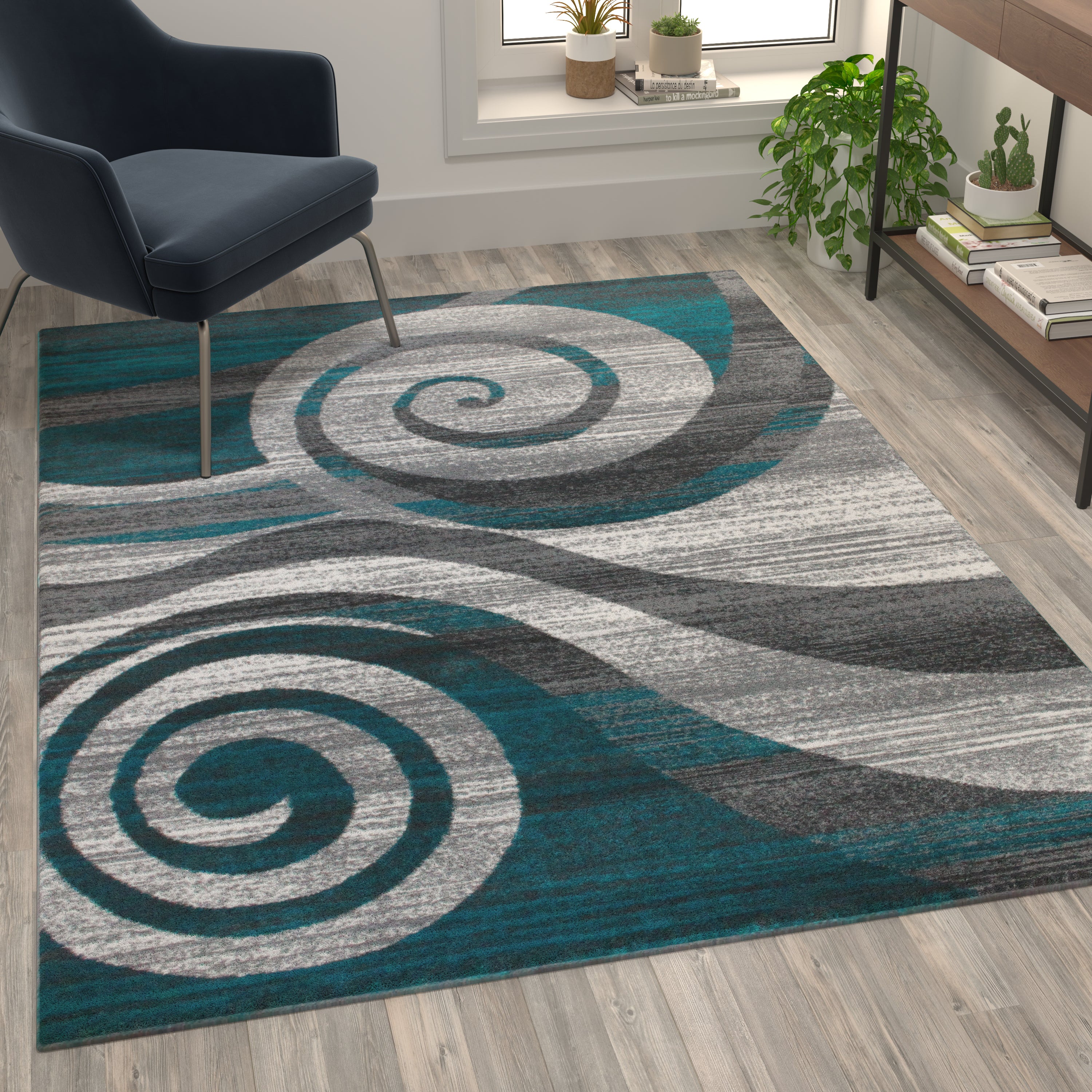 Cirrus Collection 5' x 7' Turquoise Swirl Patterned Olefin Area Rug with Jute Backing for Entryway, Living Room, Bedroom